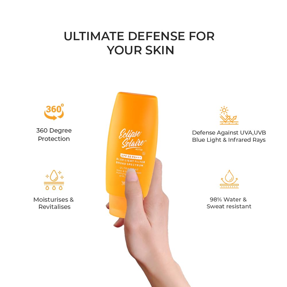 Eclipse Solaire Active Sunscreen SPF50 PA+++ | Clinically Tested | No White Cast | Broad Spectrum UVA/UVB & Blue Light Shield | Non-Greasy Sunscreen SPF 50 For All Skin Types – 60ml ( Pack of 2 ) - Skiynse Dermatologique