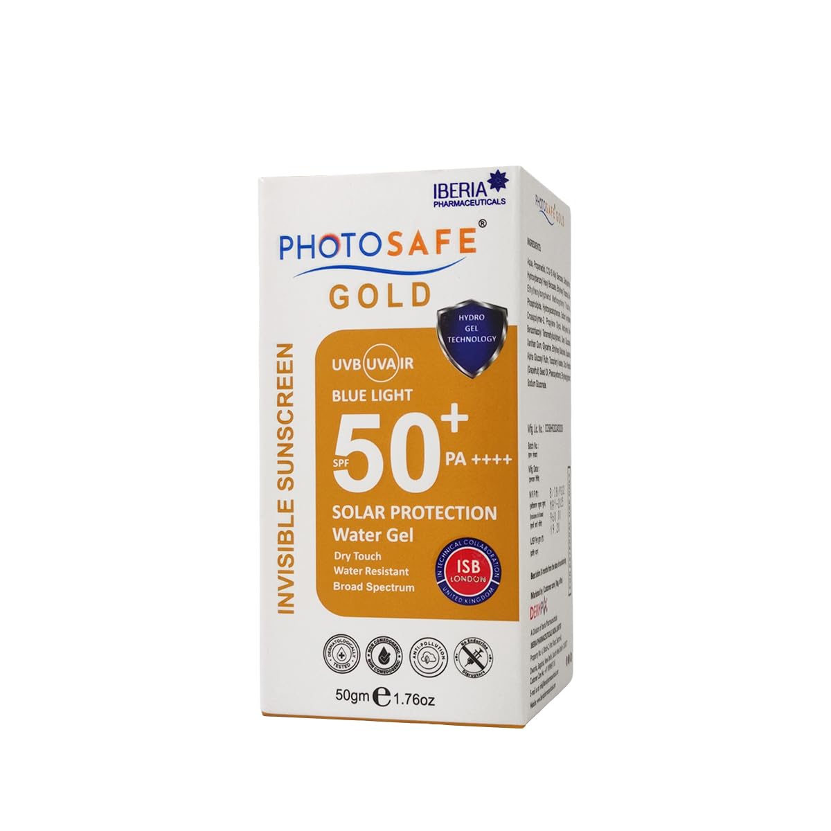 Photosafe Gold Invisible Gel Sunscreen SPF 50+ PA++++ | Dry Touch, Water Resistant, Broad Spectrum | UVA, UVB, IR & Blue Light Protection | 50gm
