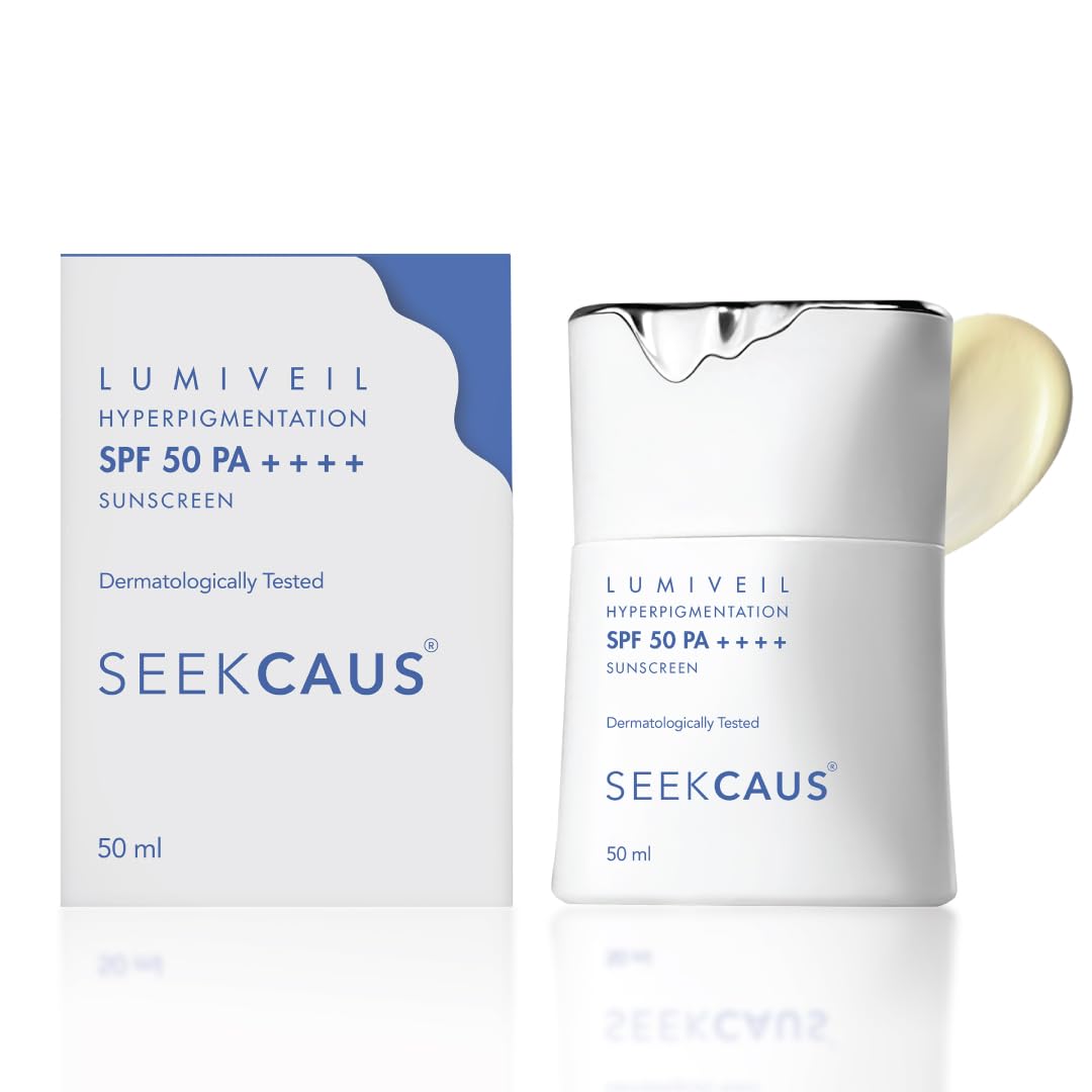 Seekcaus Lumiveil Hyperpigmentation Sunscreen SPF 50 PA++++ | Prevents Hyperpigmentation Recurrence | Blue Light Protection | Alpha Arbutin Lightweight Fluid Sunscreen | Broad Spectrum UVA UVB Protection | 50ml|
