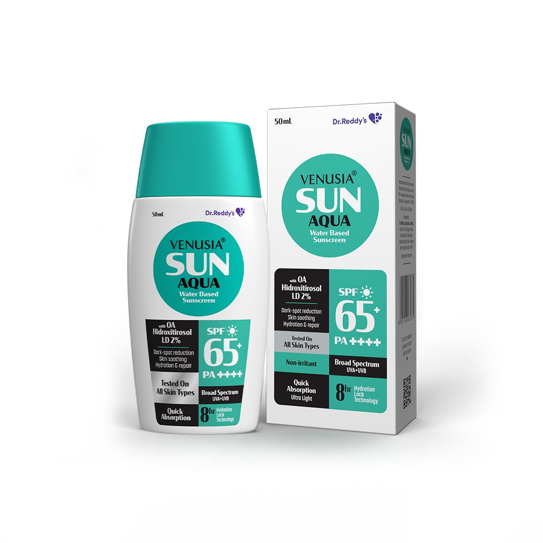 Venusia Sun Water Based Sunscreen SPF 65 : Broad Spectrum Protection : Powered by Antioxidants : Ultra-Light, Non-Sticky and Hydrating : Anti-Pigmentation : For Oily, Acne-Prone Skin : 50g