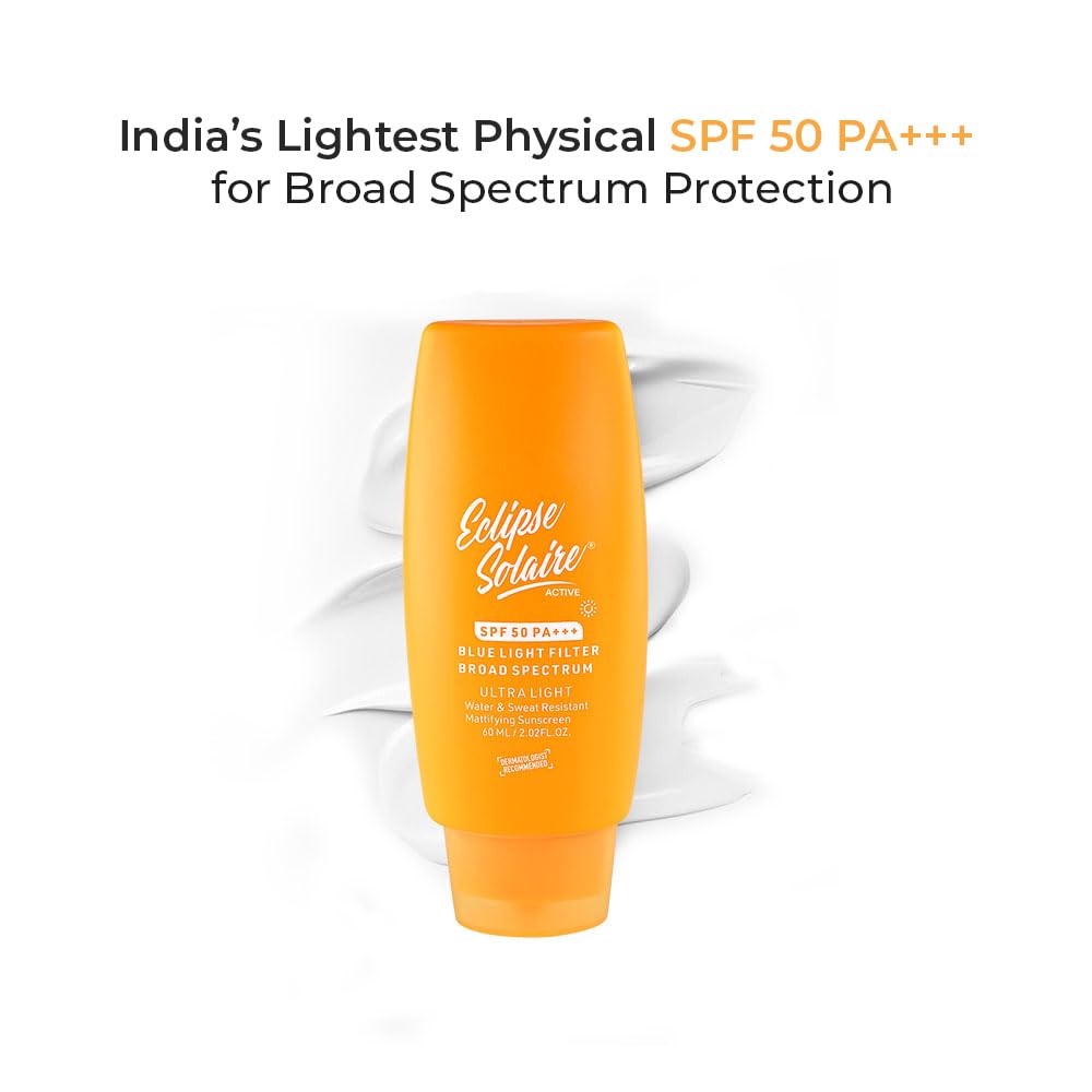 Eclipse Solaire Active Sunscreen SPF50 PA+++ | Clinically Tested | No White Cast | Broad Spectrum UVA/UVB & Blue Light Shield | Non-Greasy Sunscreen SPF 50 For All Skin Types – 60ml ( Pack of 2 ) - Skiynse Dermatologique