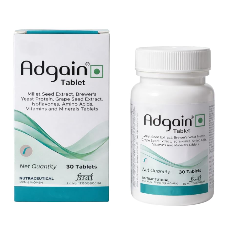 Adgain Tablet for Hair Growth & Hair Fall Control | Biotin, Amino Acids, Grape Seed Extract & Multivitamins | Nutraceutical Supplement for Men & Women | 30 Tablets