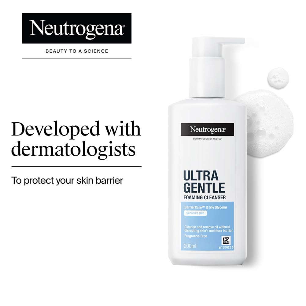 Neutrogena Ultra Gentle Foaming Cleanser | Face Wash for All Skin Types including Sensitive Skin | 6X Gentler Cleansing with Barriercare Technology for Men & Women | Cleanses Dirt and Oil | Hydrates & Protects Skin Barrier
