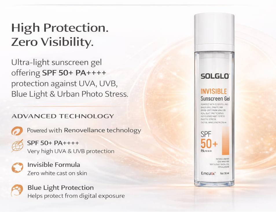 Solglo Invisible Sunscreen Gel SPF 50+ PA++++ | Ultra-Lightweight Matte Finish | Broad Spectrum UVA/UVB Blue Light Protection | Non-Greasy, No White Cast | Suitable for Oily & Sensitive Skin | Dermatologically Tested – 50ml - Skiynse Dermatologique