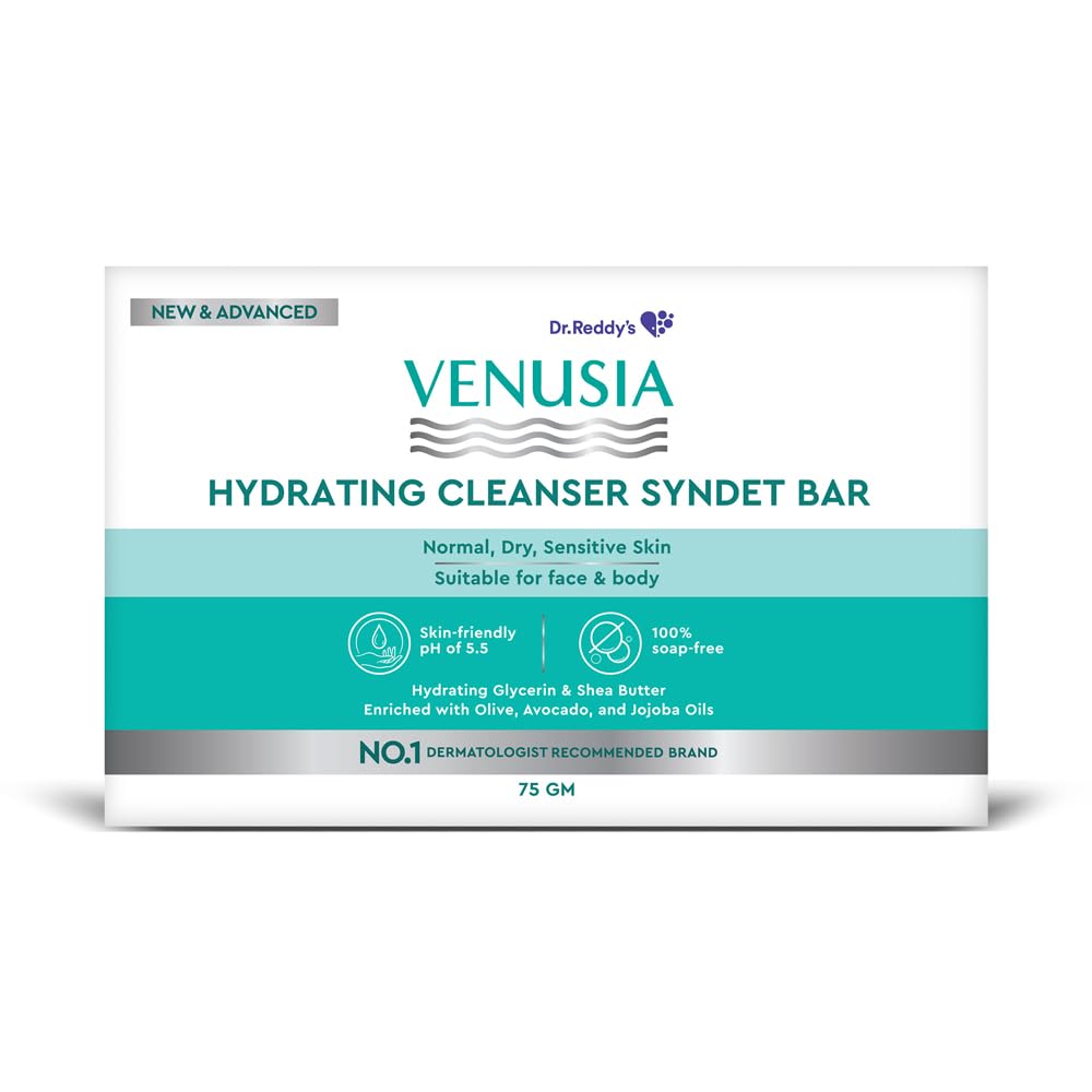 Venusia Hydrating Cleanser Syndet Bar | 100% soap-free, pH 5.5, Non-irritating, Hypoallergenic, PAMA-free | Enriched with Hydrating Glycerin, Shea Butter, Olive Oil, Avocado Oil & Jojoba Oil - 75g ( Pack of 3 )