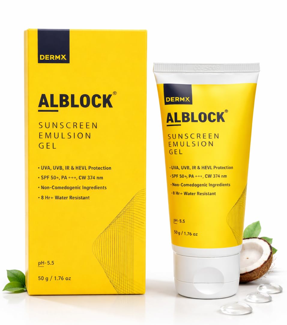 Alblock Sunscreen Emulsion Gel SPF 50 PA+++ | Broad Spectrum UVA, UVB & HEVL Protection | Lightweight, Non-Comedogenic | 8 Hours Water Resistant | pH 5.5 | 50g
