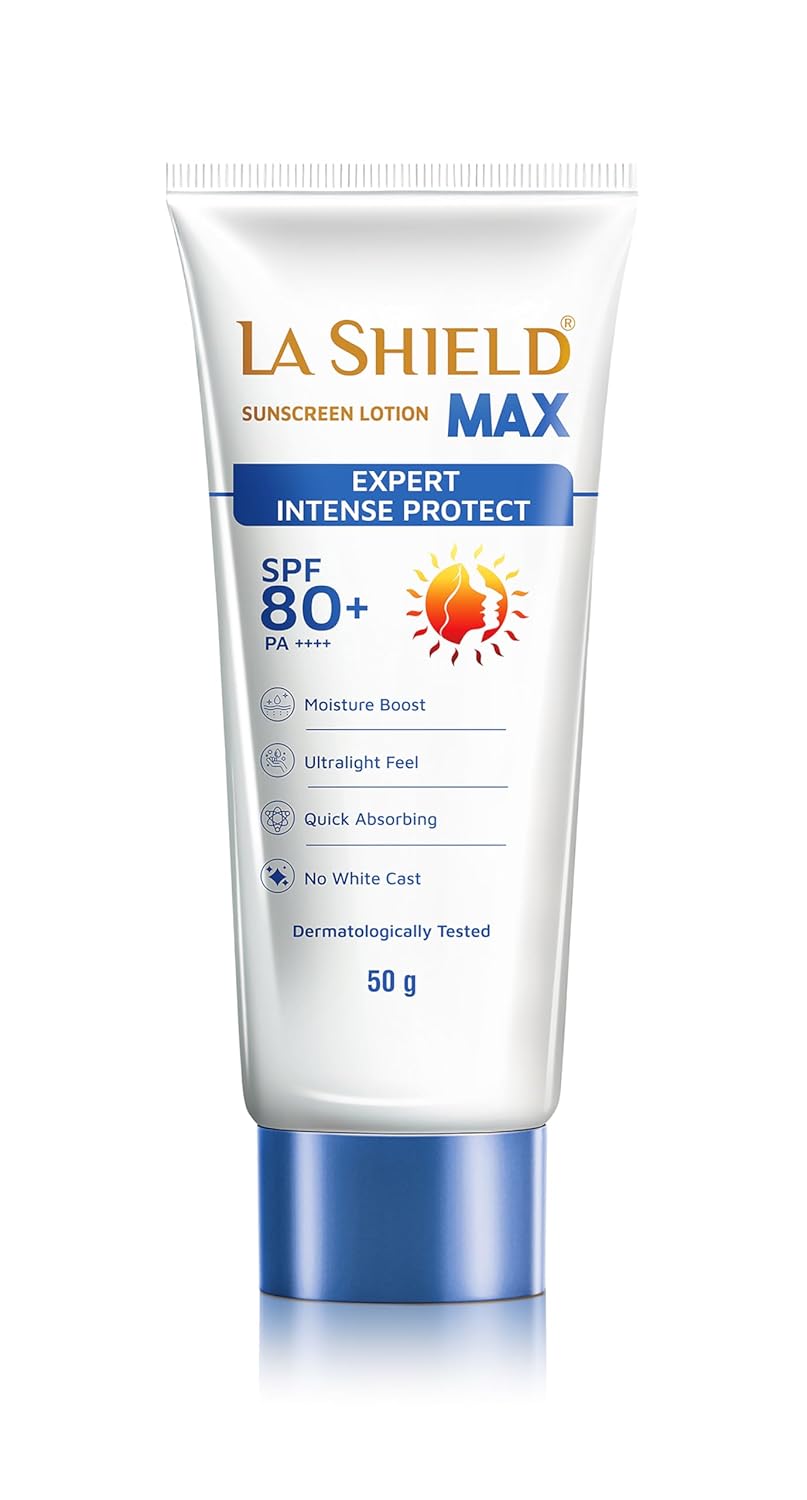 La Shield Max SPF 80+ Sunscreen Lotion | PA++++ | Intense sun protection | For Highly sensitive skin | Moisture Boost Formula | Lightweight | Hydrating Sunscreen | Dermatologist Prescribed | For Men & Women | 50gm