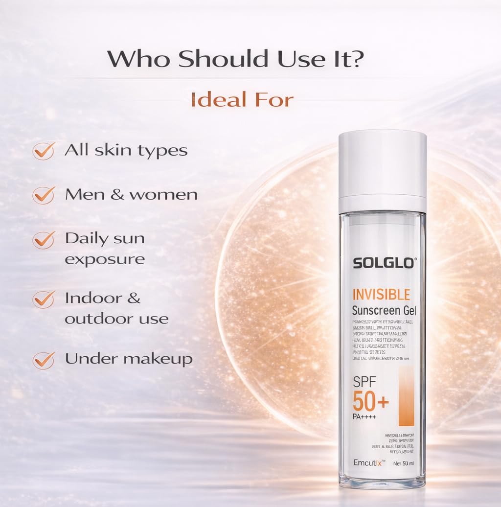 Solglo Invisible Sunscreen Gel SPF 50+ PA++++ | Ultra-Lightweight Matte Finish | Broad Spectrum UVA/UVB Blue Light Protection | Non-Greasy, No White Cast | Suitable for Oily & Sensitive Skin | Dermatologically Tested – 50ml - Skiynse Dermatologique