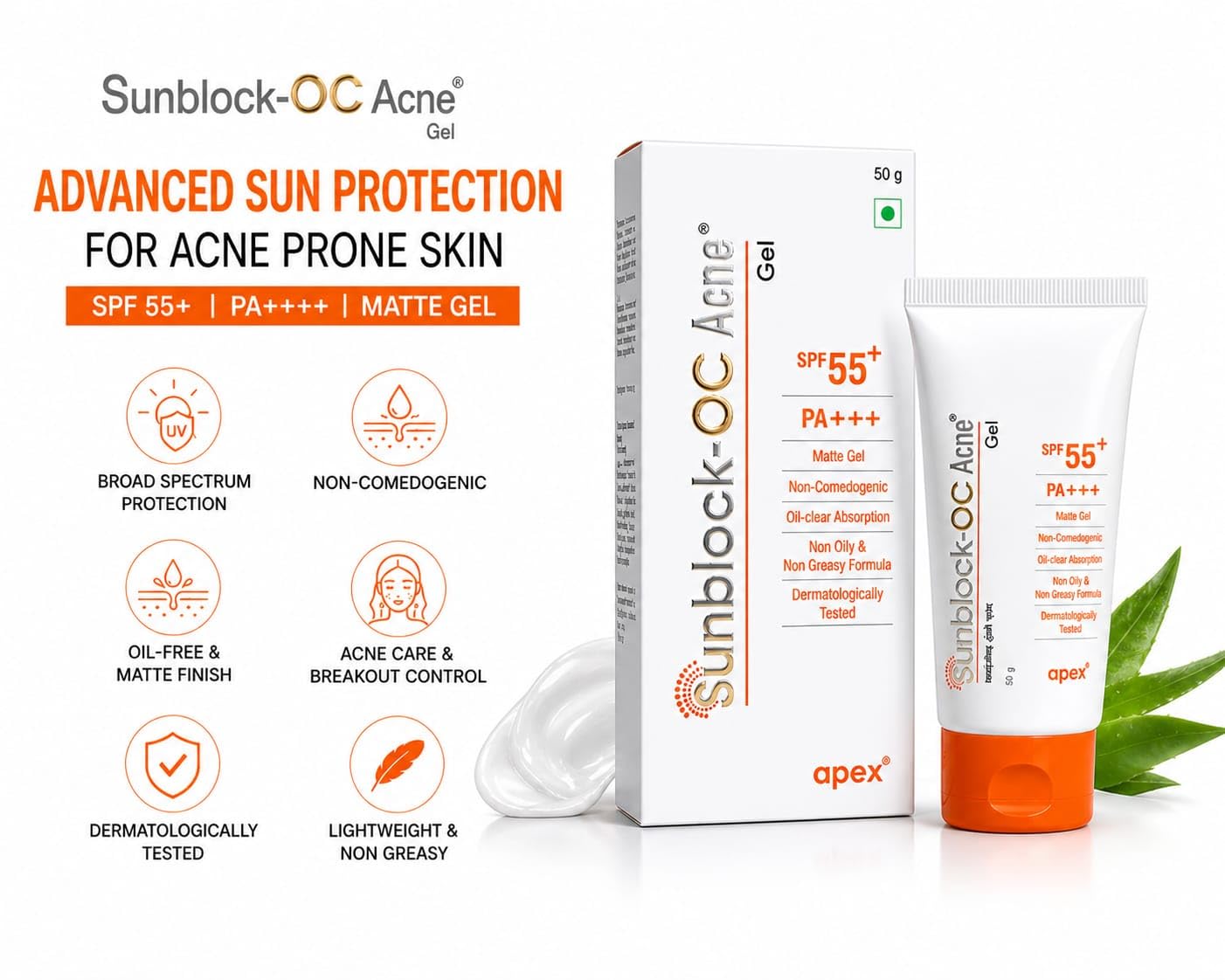 Sunblock OC Acne Gel Oil Control Sunscreen SPF 55 PA+++ | Matte Finish Gel | Lightweight Non-Greasy Formula | Daily Sun Care | 50 g