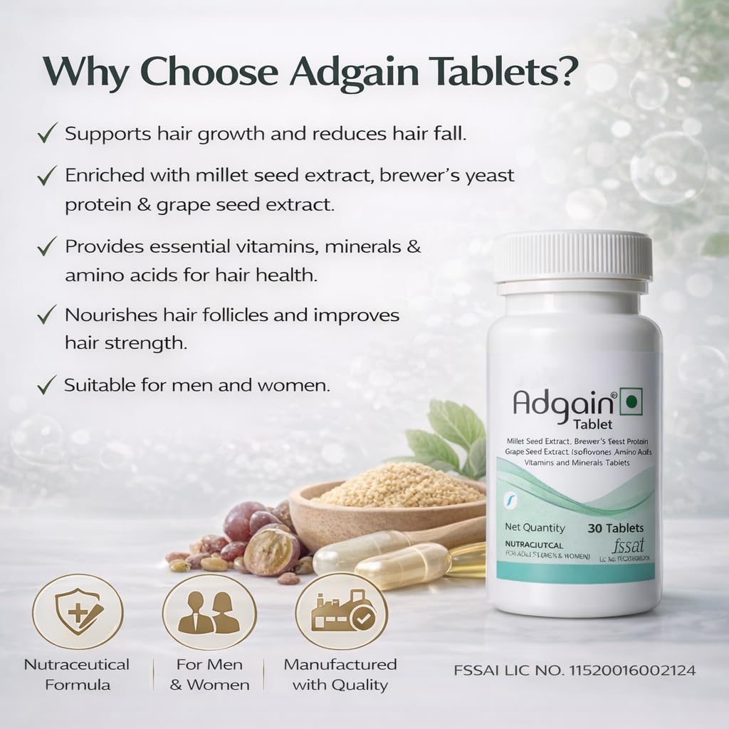 Adgain Tablet for Hair Growth & Hair Fall Control | Biotin, Amino Acids, Grape Seed Extract & Multivitamins | Nutraceutical Supplement for Men & Women | 30 Tablets