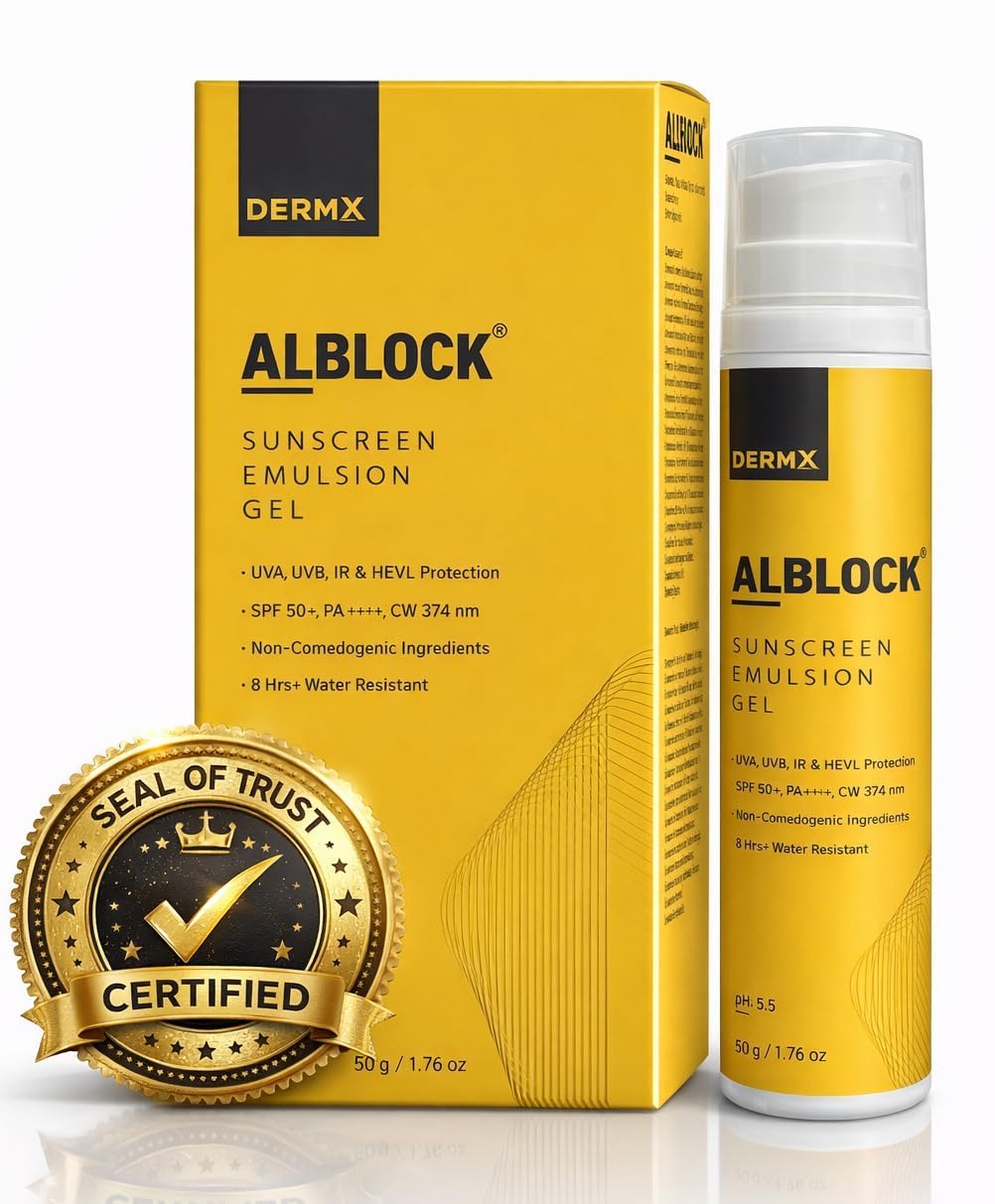 Alblock Sunscreen Emulsion Gel SPF 50 PA+++ | Broad Spectrum UVA, UVB & HEVL Protection | Lightweight, Non-Comedogenic | 8 Hours Water Resistant | pH 5.5 | 50g