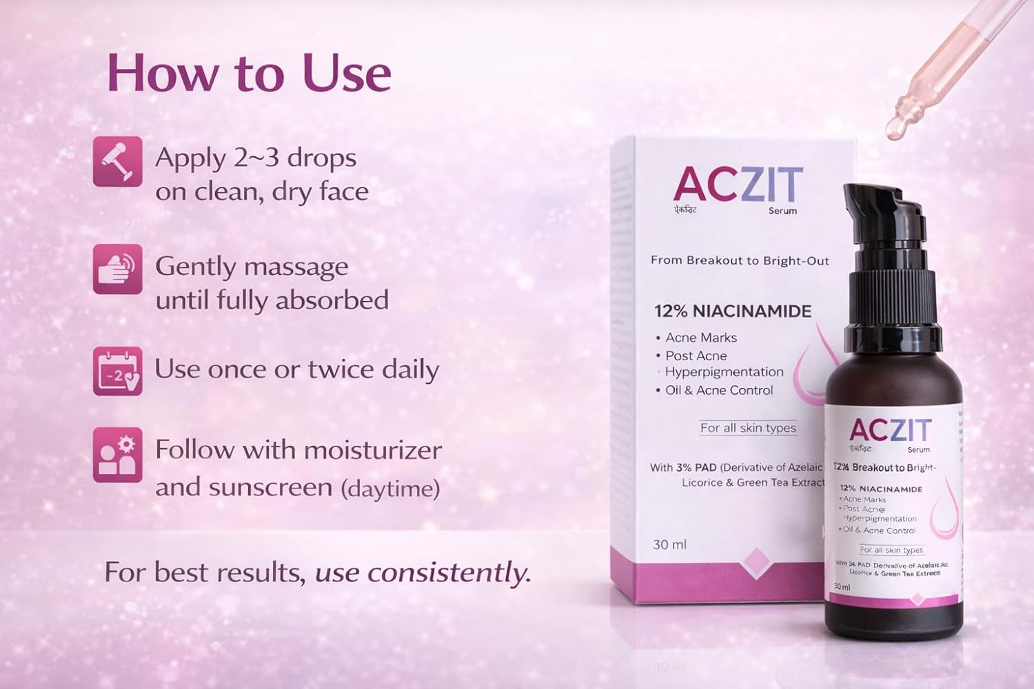 Aczit 12% Niacinamide Face Serum (30ml) – Acne Marks, Hyperpigmentation & Oil Control | With 3% PAD, Licorice & Green Tea Extract | For All Skin Types