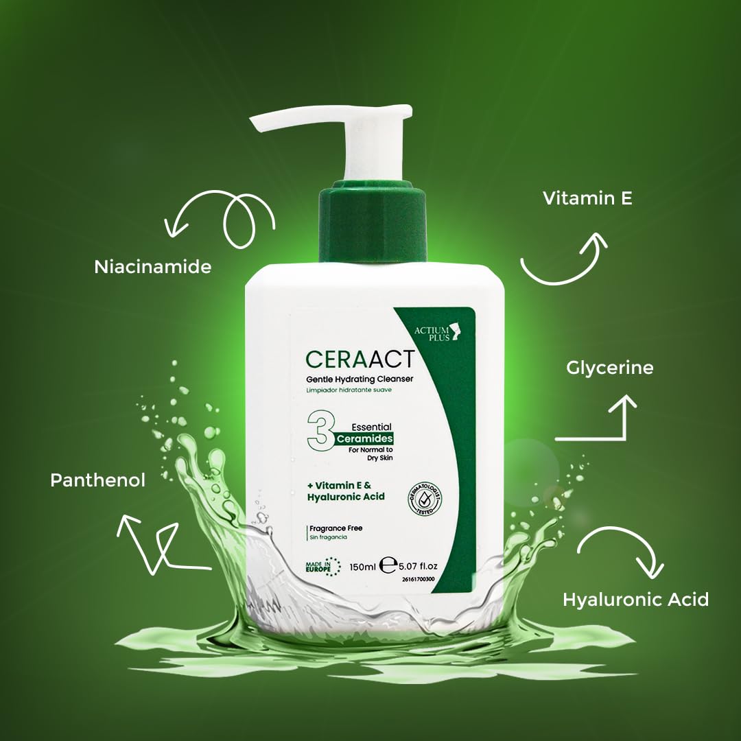 Ceraact Gentle Hydrating Cleanser For Normal To Dry Skin - Vitamin E & Hyaluronic Acid | Fragrance-Free Cleanser |150 ml