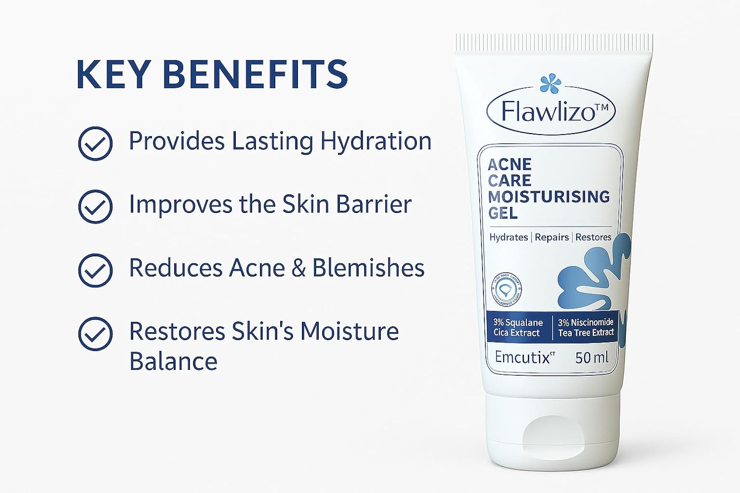 Flawlizo Acne Care Moisturising Gel with 2% Squalane, 3% Niacinamide, Hydrating & Oil-Control Formula, Repairs Skin Barrier Reduces Redness & Acne, For Acne prone Skin, (Pack of 2) - Skiynse Dermatologique