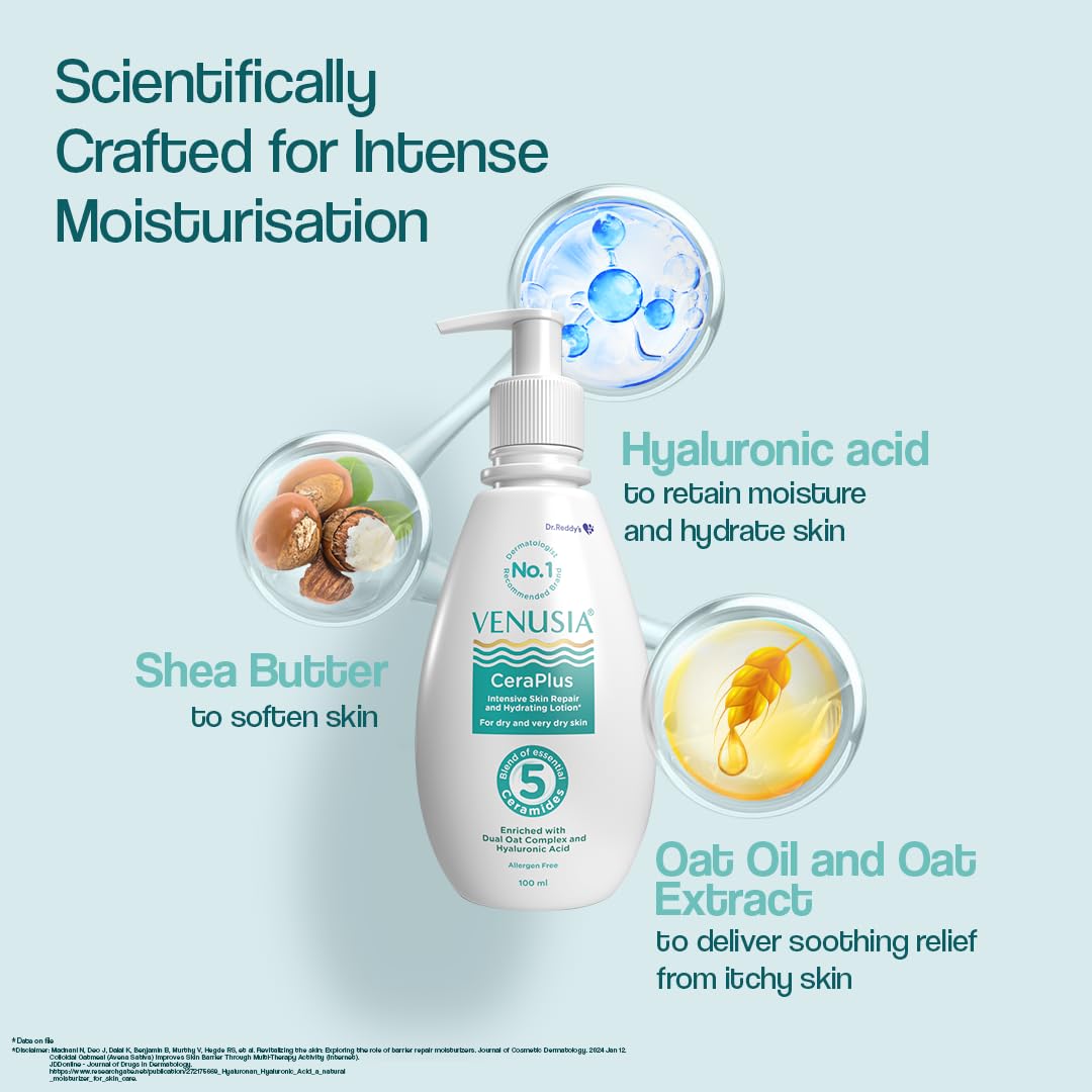 Venusia CeraPlus Moisturizing Lotion For Dry Skin - Formulated With 5 Essential Ceramides, Oat Complex, Hyaluronic Acid : Hypoallergenic and Fragrance-Free