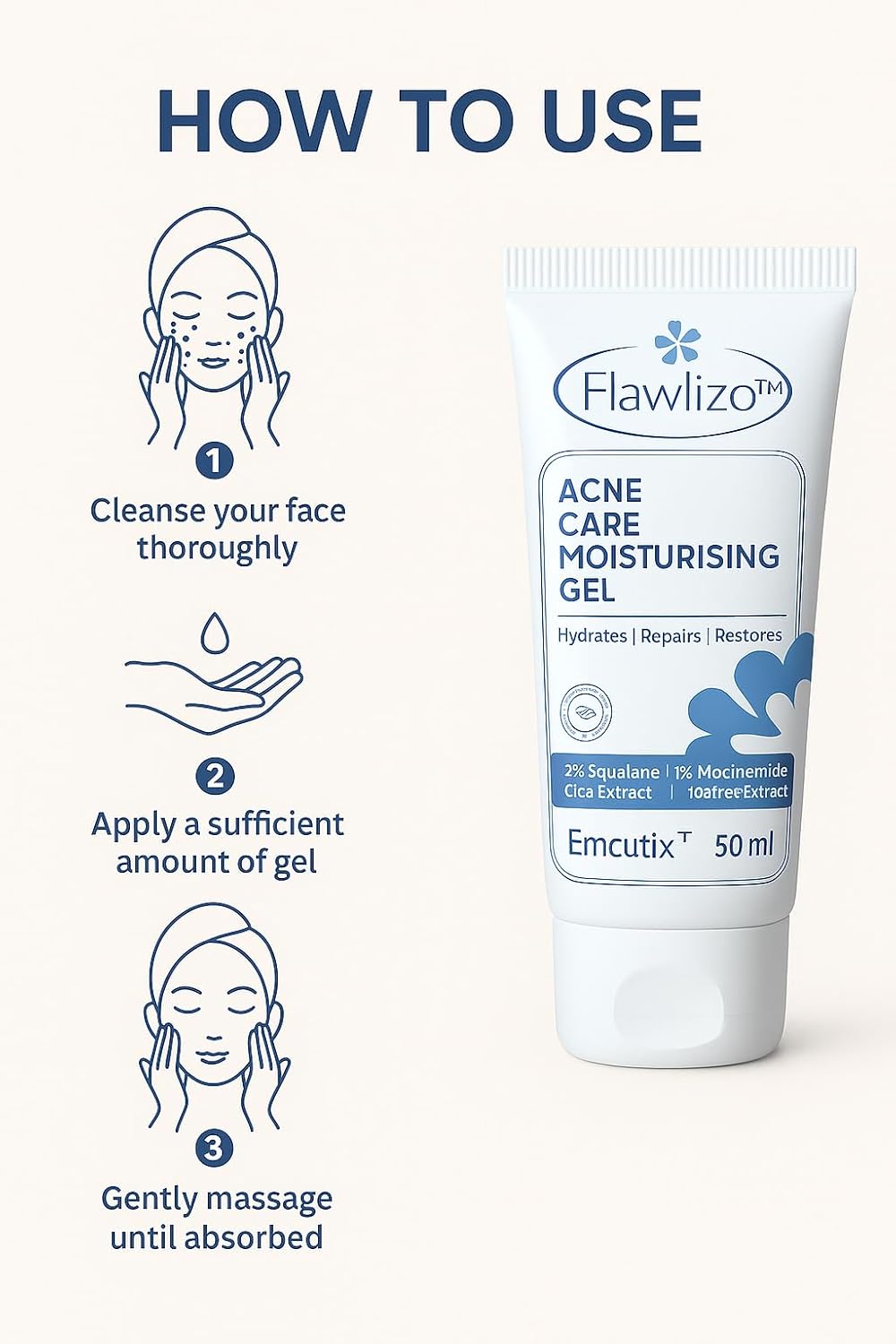 Flawlizo Acne Care Moisturising Gel with 2% Squalane, 3% Niacinamide, Hydrating & Oil-Control Formula, Repairs Skin Barrier Reduces Redness & Acne, For Acne prone Skin, (Pack of 2) - Skiynse Dermatologique