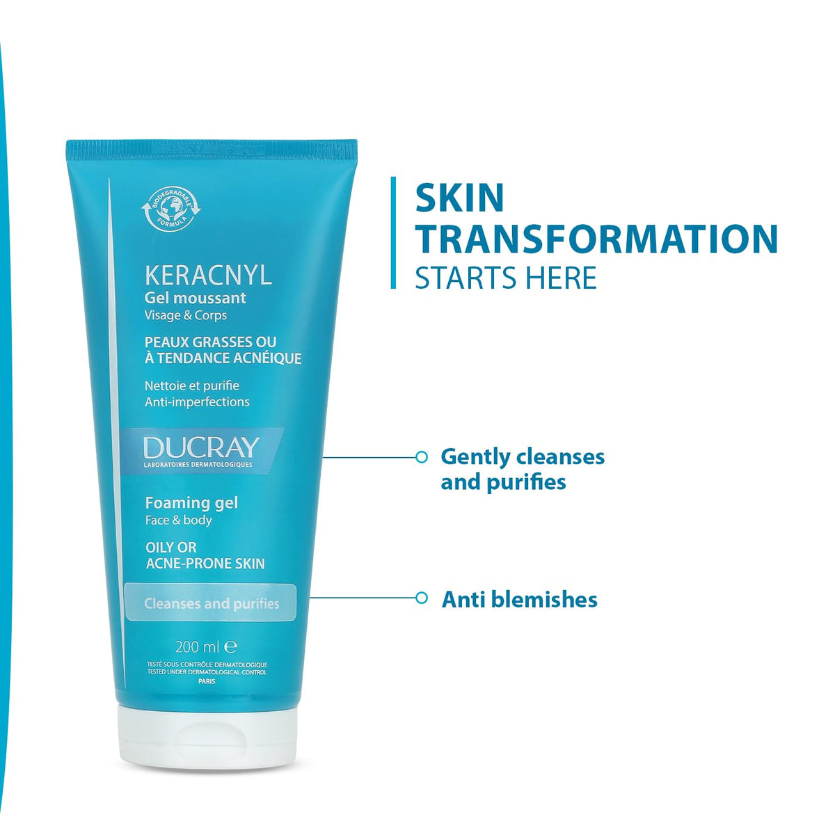 Ducray Keracnyl Foaming Gel 200ml I Facewash for Oily skin, Acne, Pimples |Gentle cleanser I for Men and Women | Reduces Imperfection in 7 days I Mattifying Effect I Dermatologically Tested - Skiynse Dermatologique