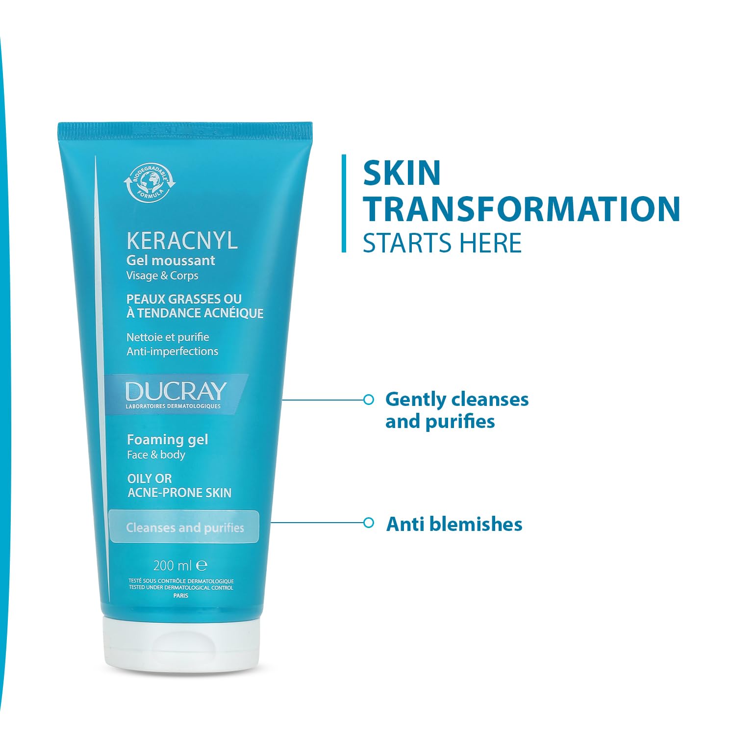 Ducray Keracnyl Foaming Gel 200ml I Facewash for Oily skin, Acne, Pimples |Gentle cleanser I for Men and Women | Reduces Imperfection in 7 days I Mattifying Effect I Dermatologically Tested - Skiynse Dermatologique