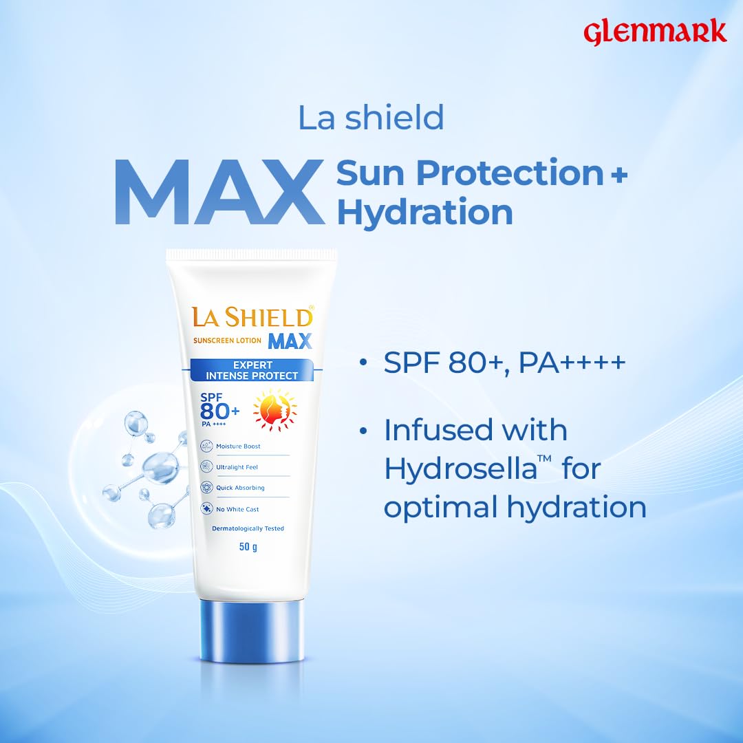 La Shield Max SPF 80+ Sunscreen Lotion | PA++++ | Intense sun protection | For Highly sensitive skin | Moisture Boost Formula | Lightweight | Hydrating Sunscreen | Dermatologist Prescribed | For Men & Women | 50gm