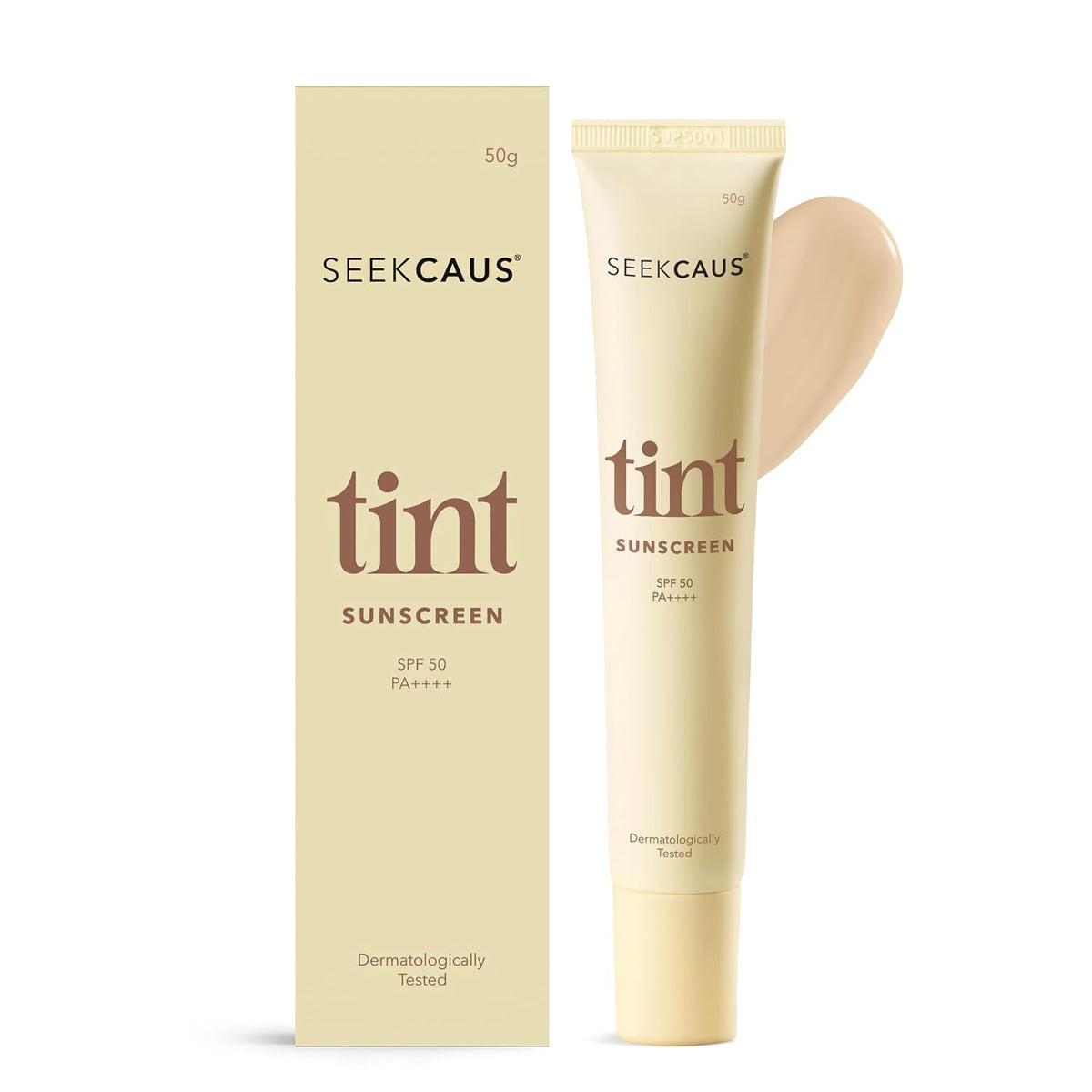 Seekcaus SPF 50 PA++++ Tinted Crème Sunscreen For Men & Women, Broad Spectrum, Protect From UVA, UVB & Blue Light Damage, Non Sticky, Non Greasy, 50g