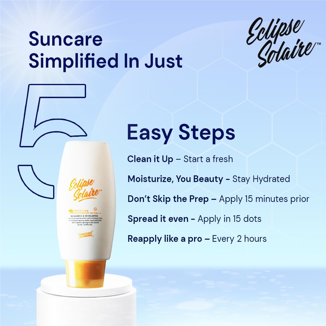Eclipse Solaire Aqua Fusion Sunscreen SPF50 | 5X Protection with SPF 50 PA+++ | Infused with Himalayan Spring Water | Non-Greasy, For All Skin Types – 60ml ( Pack of 2 ) - Skiynse Dermatologique