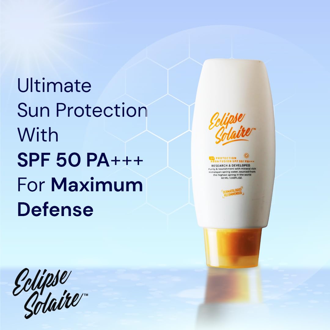 Eclipse Solaire Aqua Fusion Sunscreen SPF50 | 5X Protection with SPF 50 PA+++ | Infused with Himalayan Spring Water | Non-Greasy, For All Skin Types – 60ml ( Pack of 2 ) - Skiynse Dermatologique