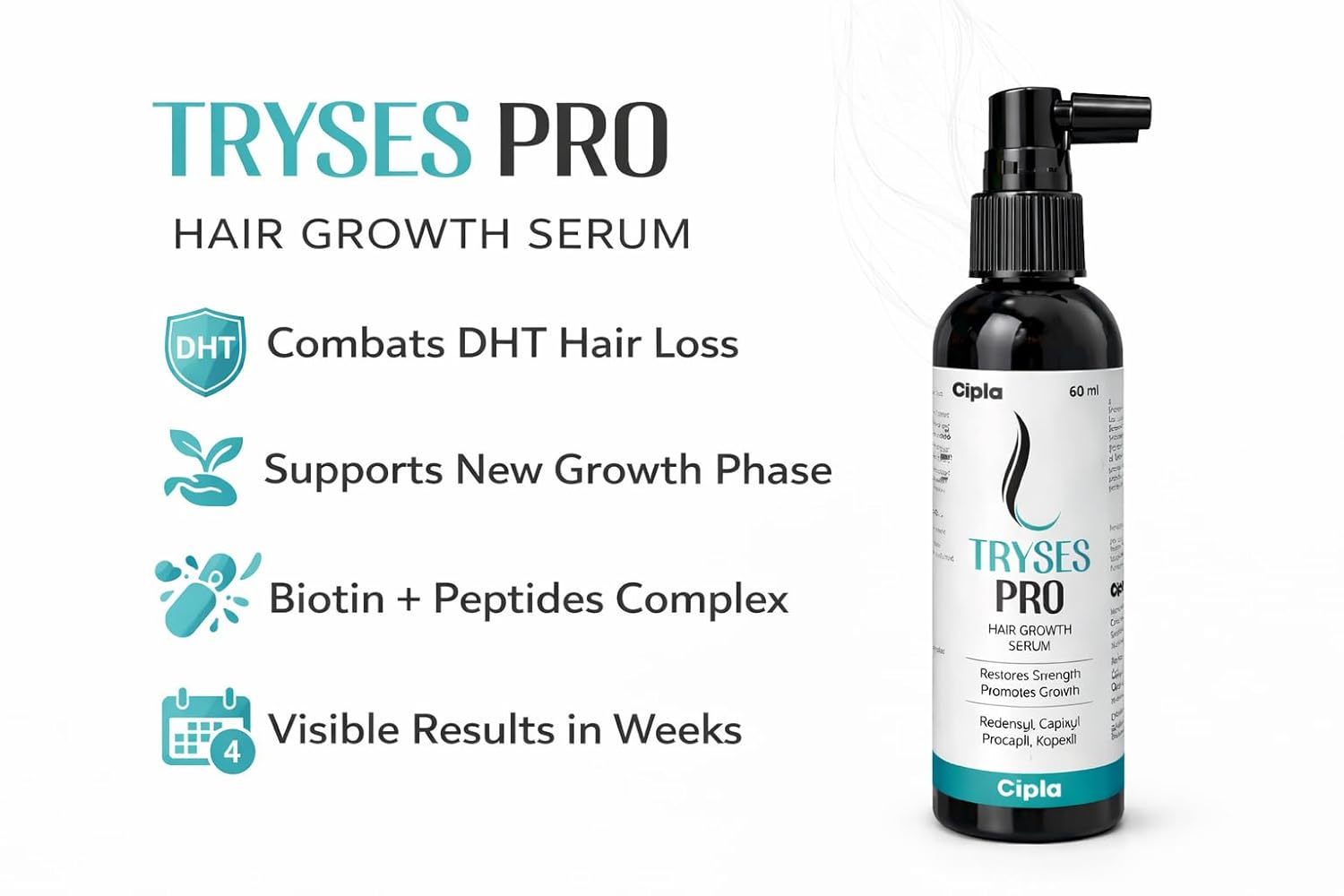 Tryses Pro Hair Growth Serum with Redensyl, Capixyl, Procapil, Kopexil, Restores Strength, Promotes Growth, 60ml, Liquid Form