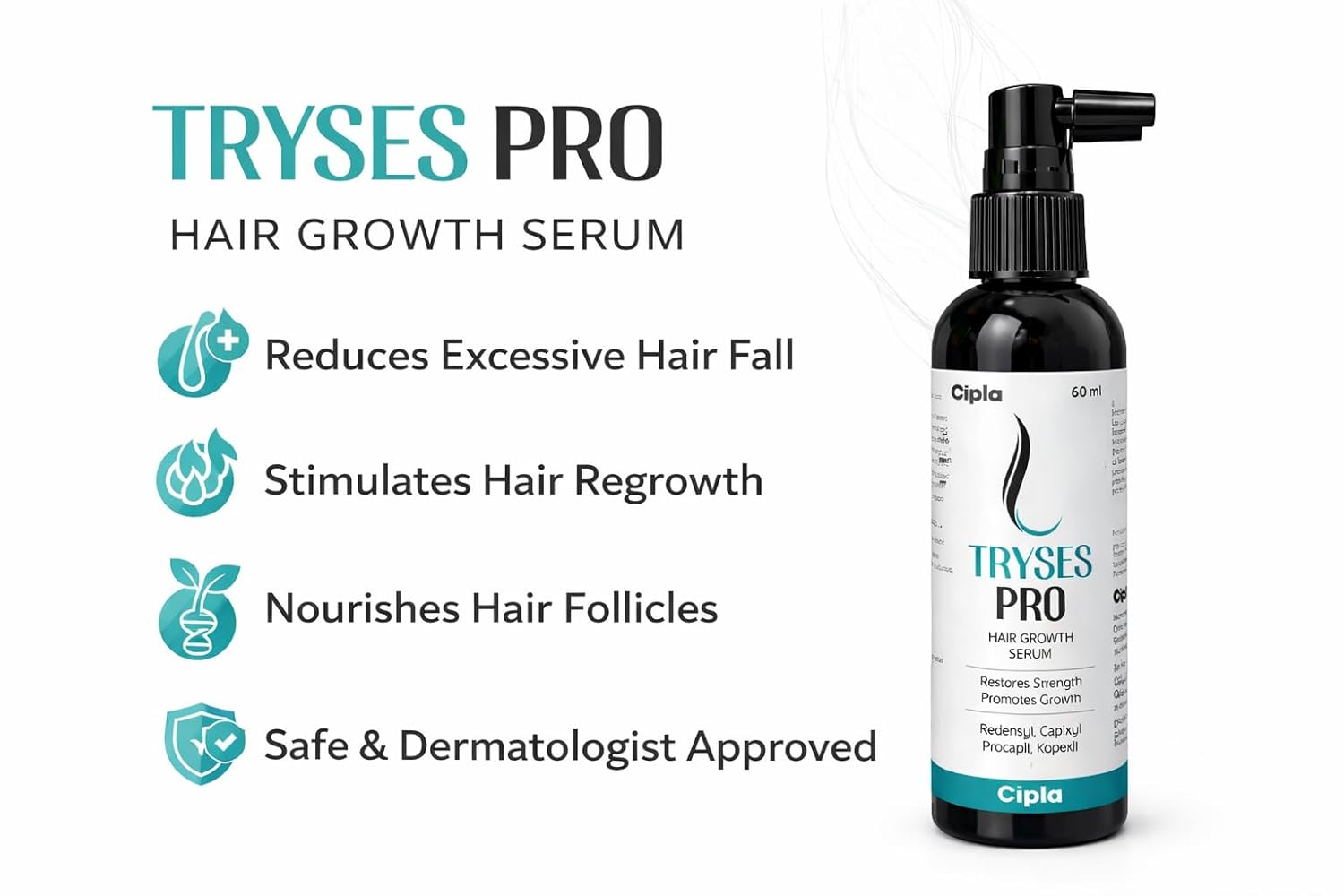 Tryses Pro Hair Growth Serum with Redensyl, Capixyl, Procapil, Kopexil, Restores Strength, Promotes Growth, 60ml, Liquid Form
