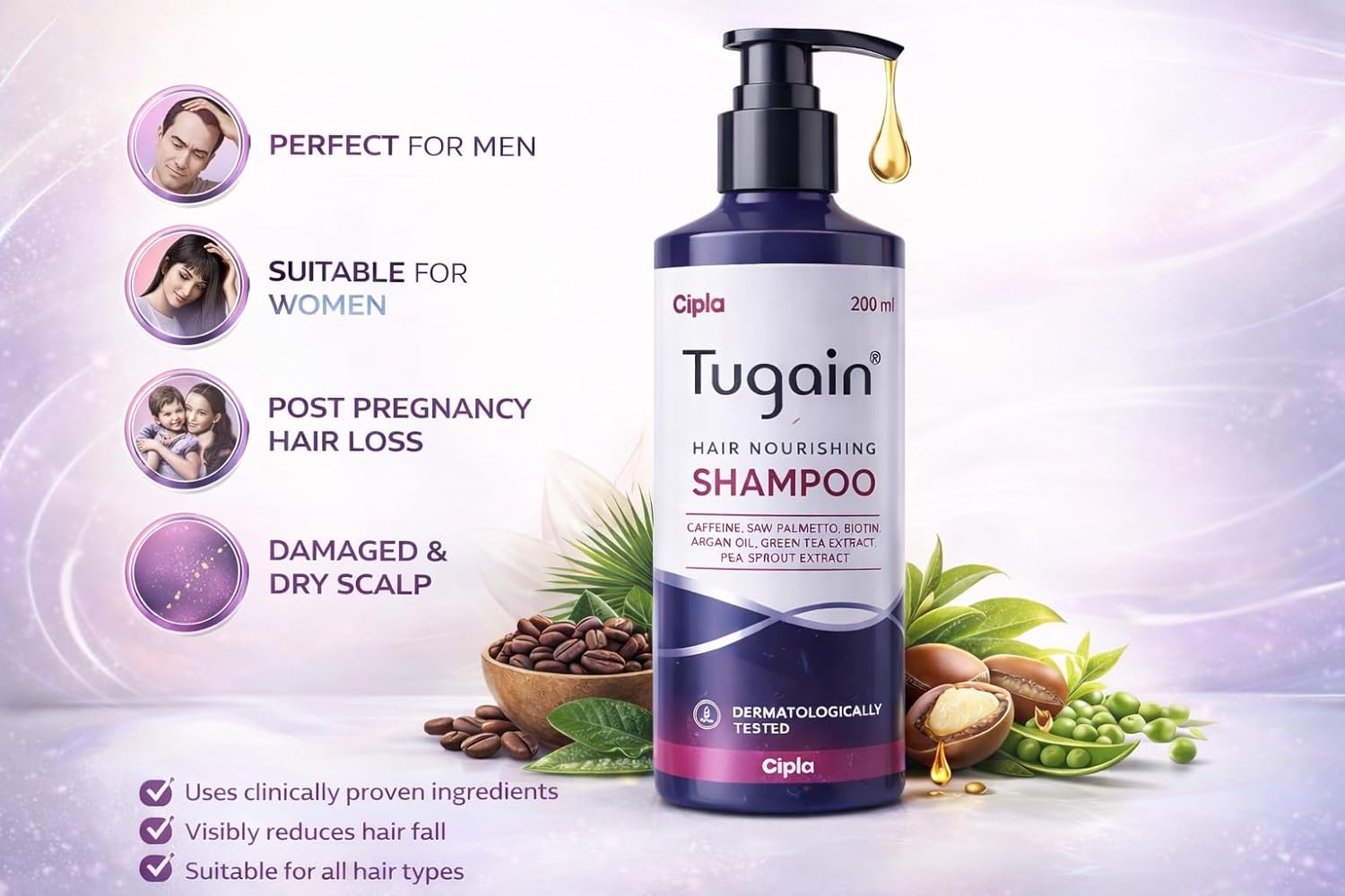 Tugain Hair Nourishing Shampoo with Caffeine, Saw Palmetto, Biotin, Argan Oil, Green Tea Extract, Dermatologically Tested, 200ml