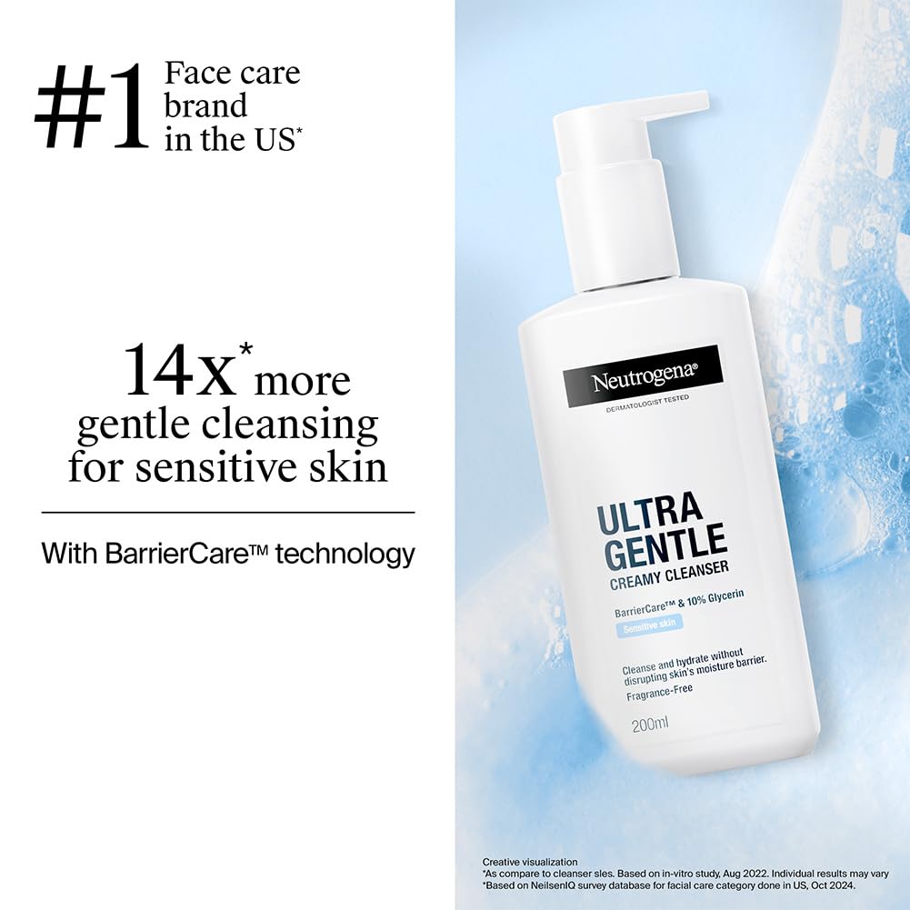 Neutrogena Ultra Gentle Creamy Cleanser | 14X Gentler Cleanser | All Skin Types Including Sensitive Skin | Face Wash for Sensitive Skin for Men & Women | With Barriercare Technology & 10% Glycerin | Paraben-Free ( Pack of 3 )