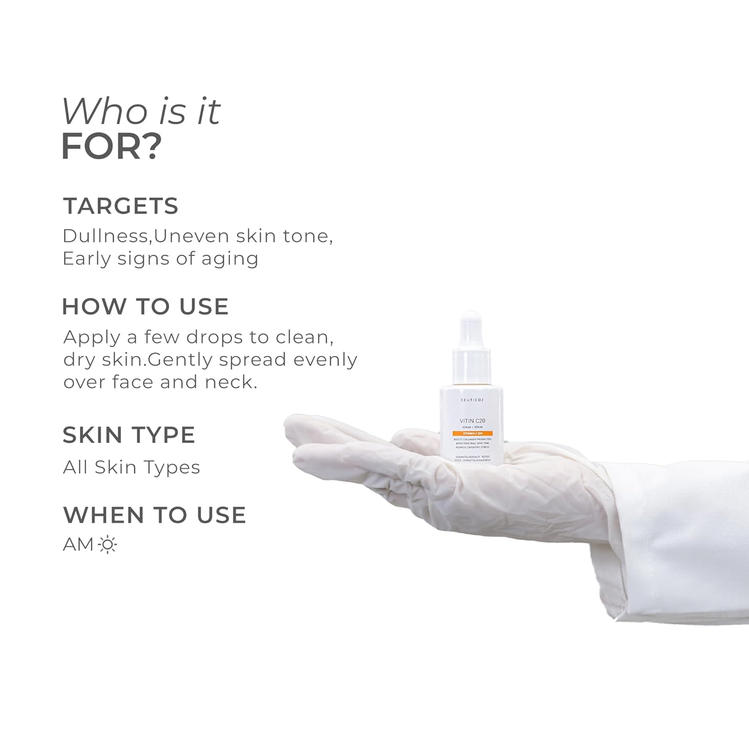 Ceuticoz Vitin C20 Serum | For Hyperpigmentation & Dullness | Brightens skin & boosts collagen | Ethyl Ascorbic Acid & Madecassoside | All Skin Types | 30ml