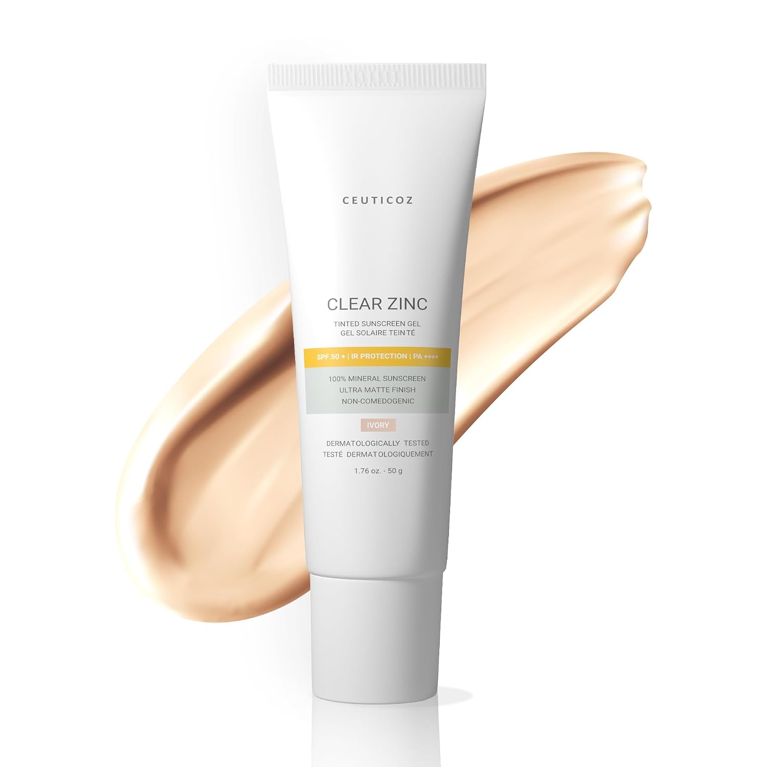 Ceuticoz Clear Zinc Tinted Sunscreen Gel | For Sunburn, Tanning & Photoaging | Reflects UV rays & gives matte tinted finish | Micronized Zinc Oxide & Lipochroman | All Skin Types | 50g