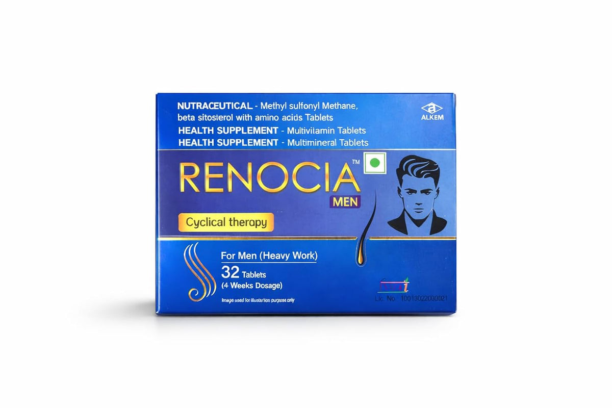 Renocia Men Cyclical Therapy Tablets for Hair Health & Nutritional Support – Nutraceutical Formula with MSM, Beta Sitosterol, Amino Acids, Multivitamins & Multiminerals – 32 Tablets (4 Weeks Dosage) (For Men) - Skiynse Dermatologique