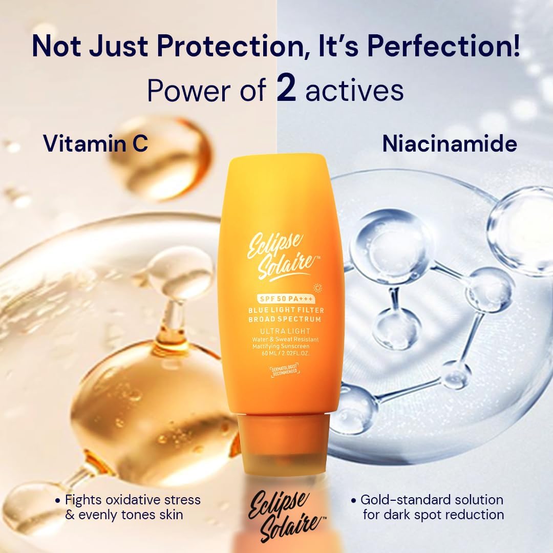 Eclipse Solaire Active Sunscreen SPF50 PA+++ | Clinically Tested | No White Cast | Broad Spectrum UVA/UVB & Blue Light Shield | Non-Greasy Sunscreen SPF 50 For All Skin Types – 60ml ( Pack of 2 ) - Skiynse Dermatologique