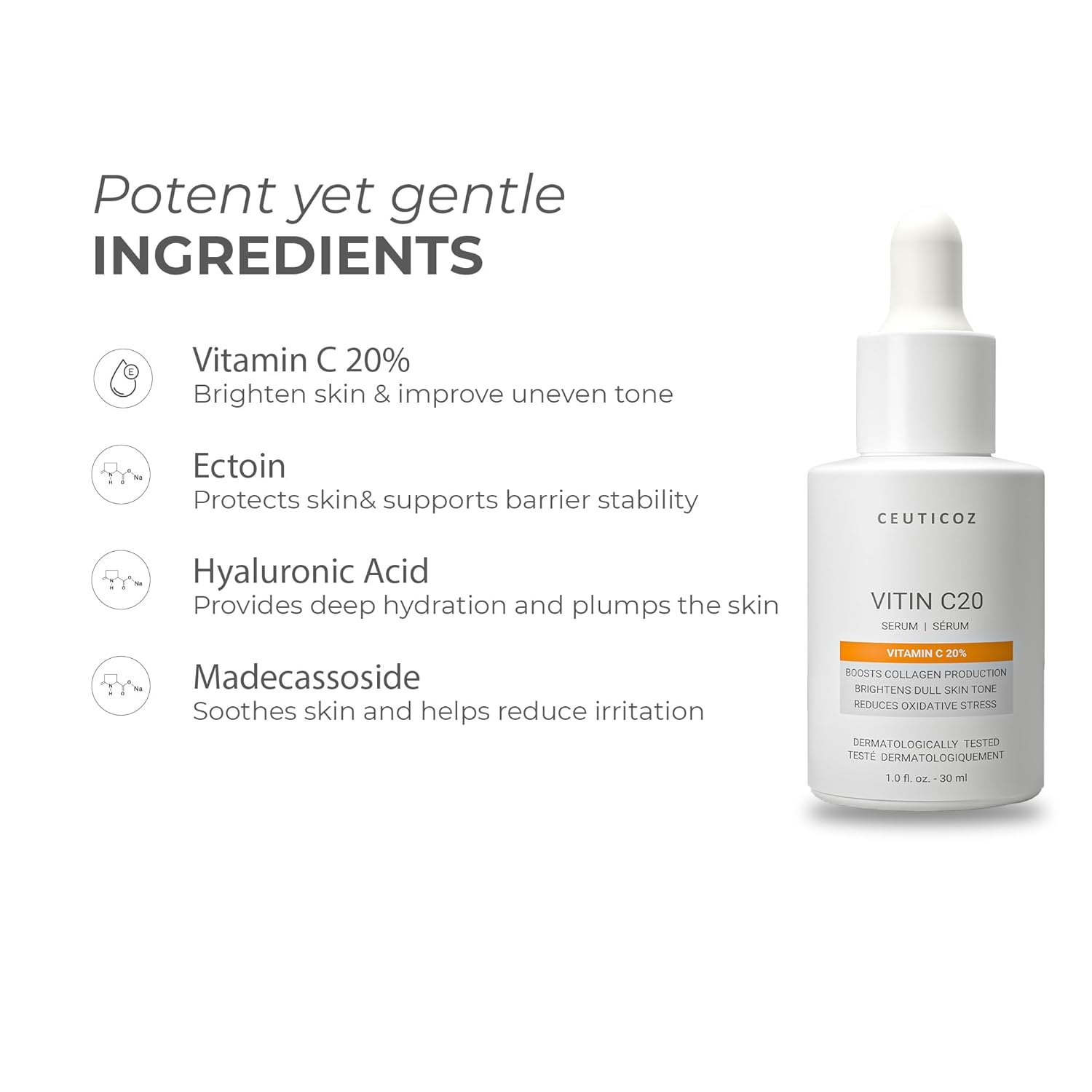 Ceuticoz Vitin C20 Serum | For Hyperpigmentation & Dullness | Brightens skin & boosts collagen | Ethyl Ascorbic Acid & Madecassoside | All Skin Types | 30ml