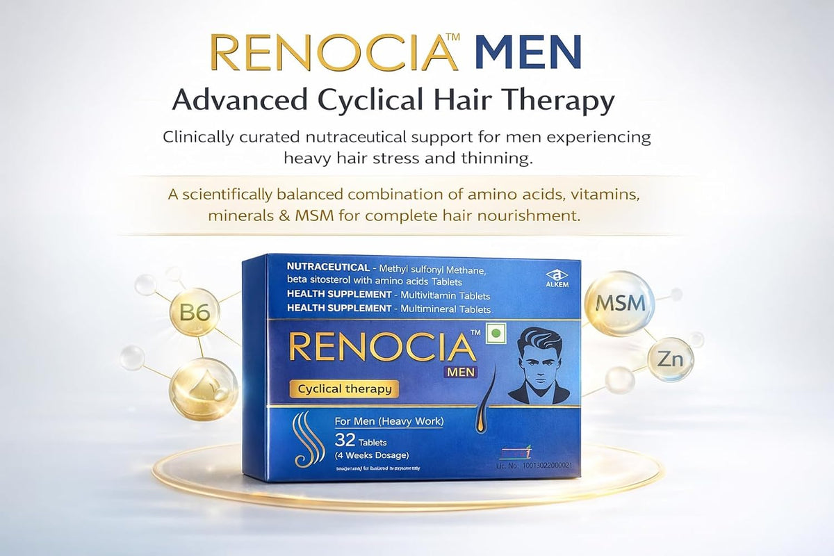 Renocia Men Cyclical Therapy Tablets for Hair Health & Nutritional Support – Nutraceutical Formula with MSM, Beta Sitosterol, Amino Acids, Multivitamins & Multiminerals – 32 Tablets (4 Weeks Dosage) (For Men) - Skiynse Dermatologique