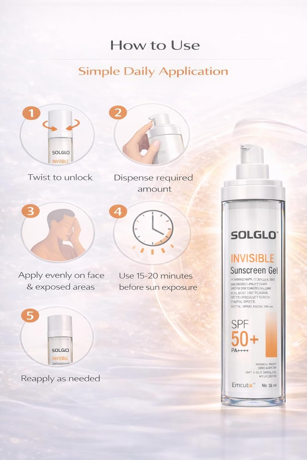 Solglo Invisible Sunscreen Gel SPF 50+ PA++++ | Ultra-Lightweight Matte Finish | Broad Spectrum UVA/UVB Blue Light Protection | Non-Greasy, No White Cast | Suitable for Oily & Sensitive Skin | Dermatologically Tested – 50ml - Skiynse Dermatologique