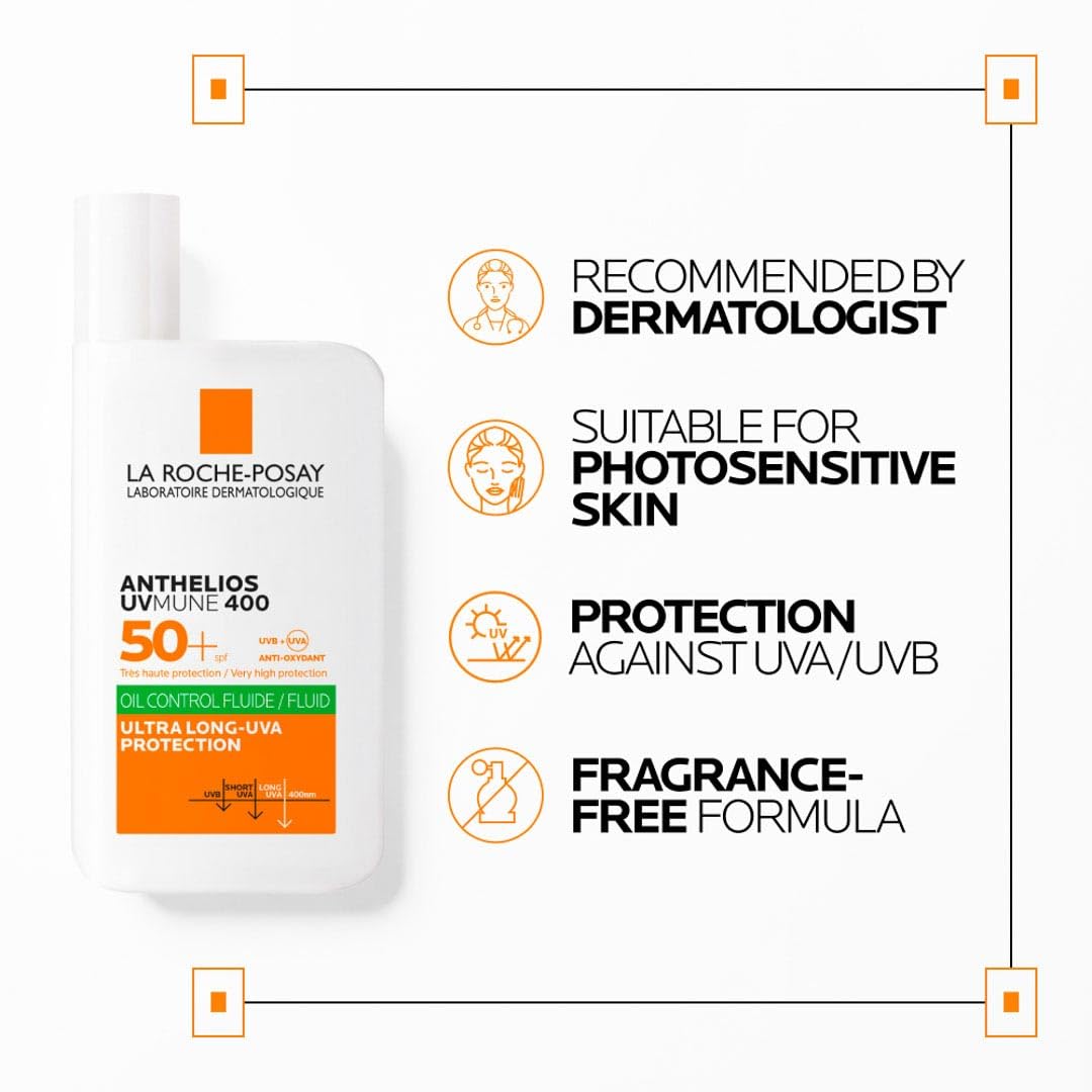 La Roche-Posay Anthelios UVmune 400 Oil Control SPF 50+ Sunscreen Fluid for Oily & Sensitive Skin, High UVA/UVB Protection, Water & Sweat Resistant, 50ml