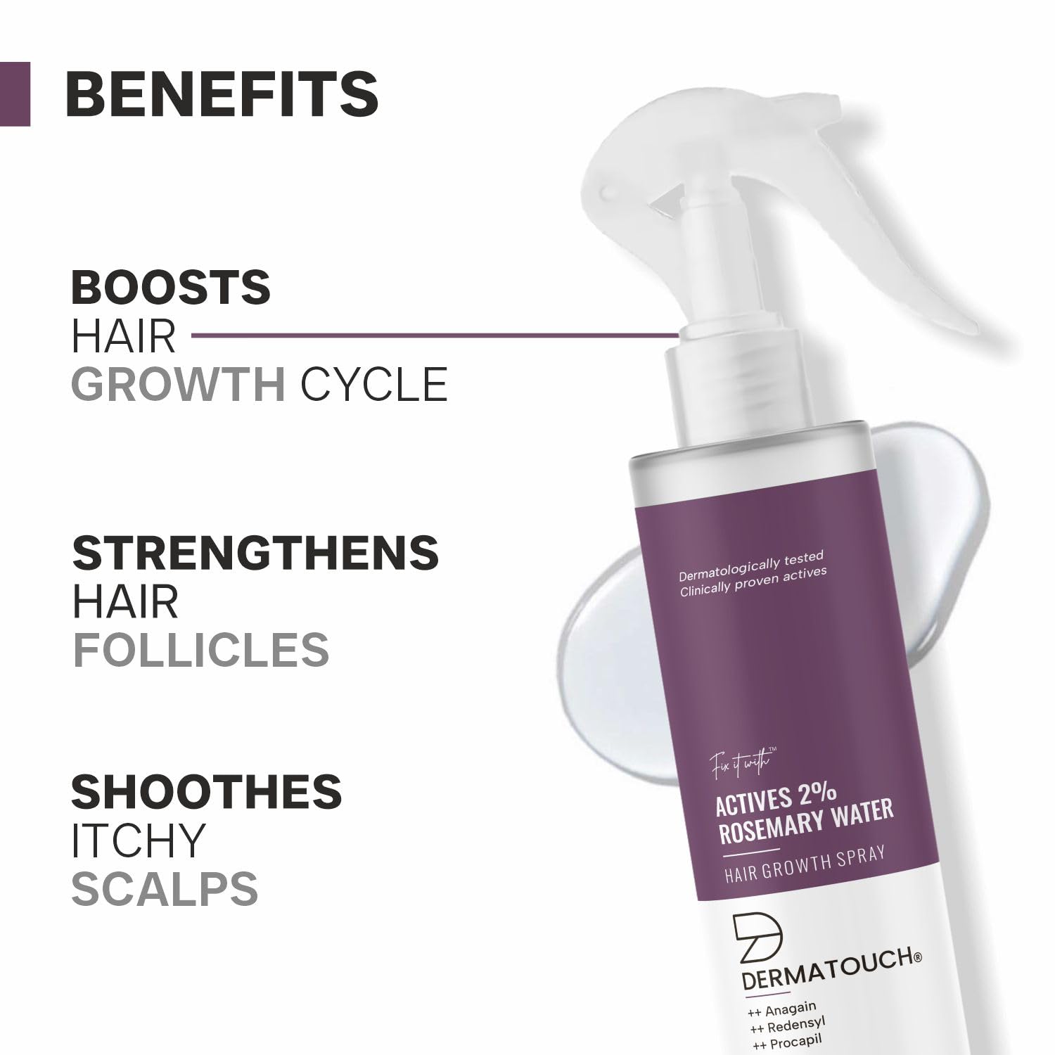 DERMATOUCH Rosemary Water Spray For Hair Growth  | Advance 2% Actives Rosemary, Redensyl, Anagain + Procapil Hair Spray Mist for Hair Fall Control, Stimulates Hair Growth, Adds Shine , Strengthens Hair