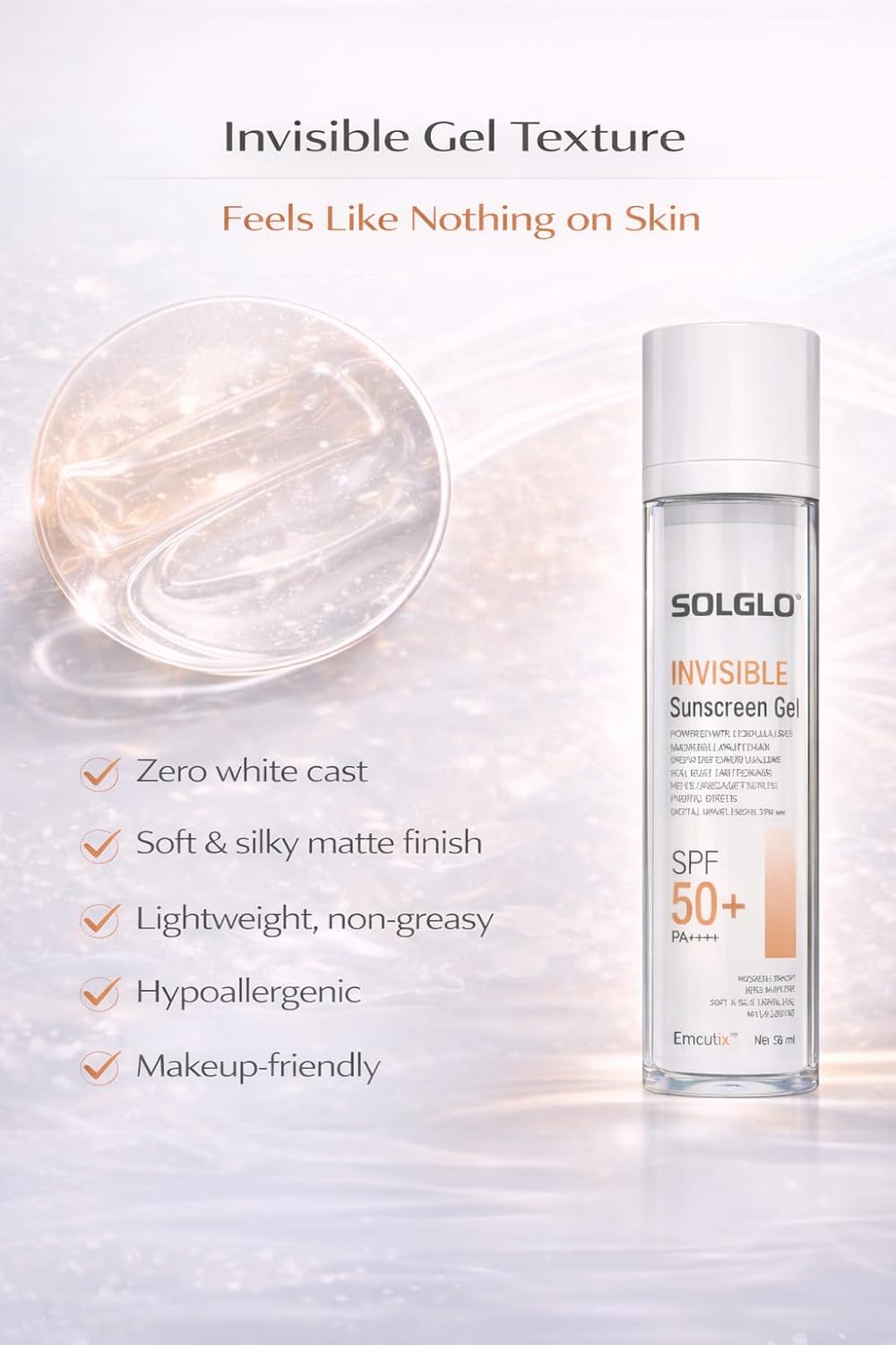 Solglo Invisible Sunscreen Gel SPF 50+ PA++++ | Ultra-Lightweight Matte Finish | Broad Spectrum UVA/UVB Blue Light Protection | Non-Greasy, No White Cast | Suitable for Oily & Sensitive Skin | Dermatologically Tested – 50ml - Skiynse Dermatologique