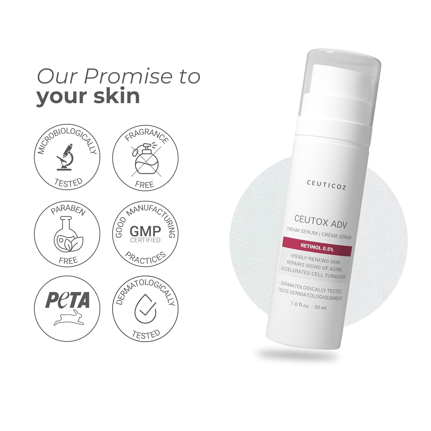 Ceuticoz Ceutox ADV Cream Serum | For Skin Aging & Fine Lines | Smoothens wrinkles & boosts cell renewal | 0.5% Retinol & Vitamin C | All Skin Types | 30ml