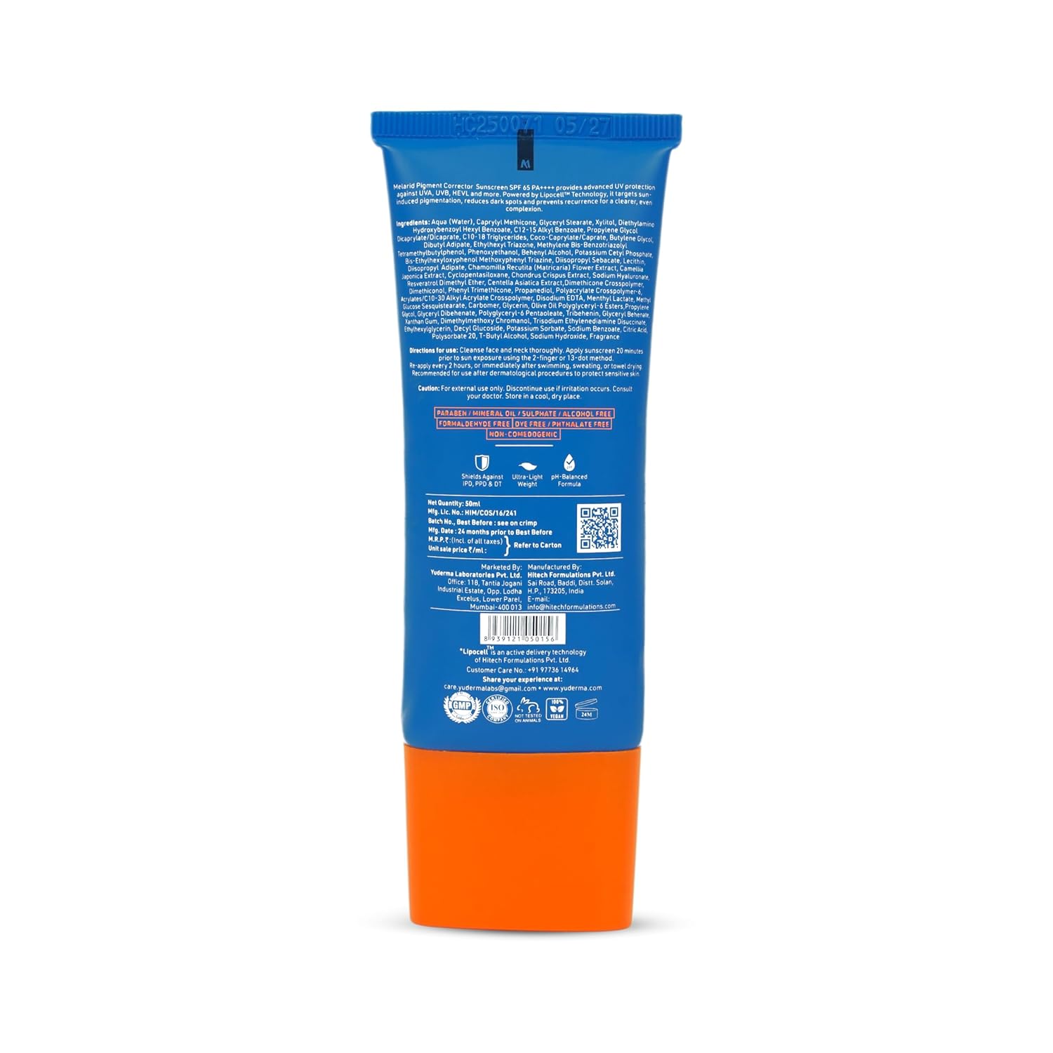 Yuderma Melarid Pigment Corrector Sunscreen SPF 65 PA++++ | Multi spectrum defense UVA, UVB & HEVL Protection | 50 ml