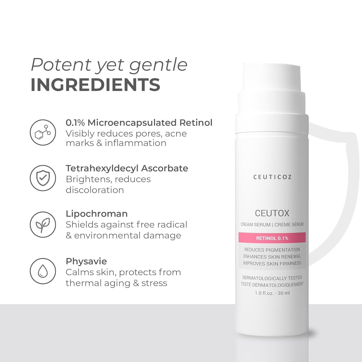 Ceuticoz Ceutox Cream Serum | For Skin Aging & Fine Lines | Smoothens wrinkles & boosts cell renewal | 0.1% Retinol & Vitamin C | All Skin Types | 30ml