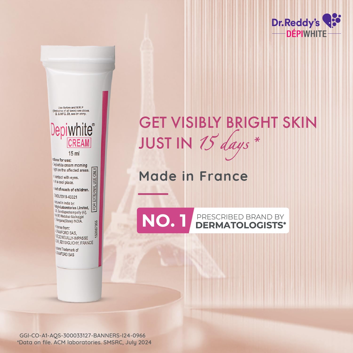 Depiwhite Cream, Enriched with 2% Hydroquinone, 1% Antipollon, 7% Vitis Vinifera Oil & 2% Kojic Acid | No.1 Prescribed Brand By Dermatologists | Men & Women | 15ml