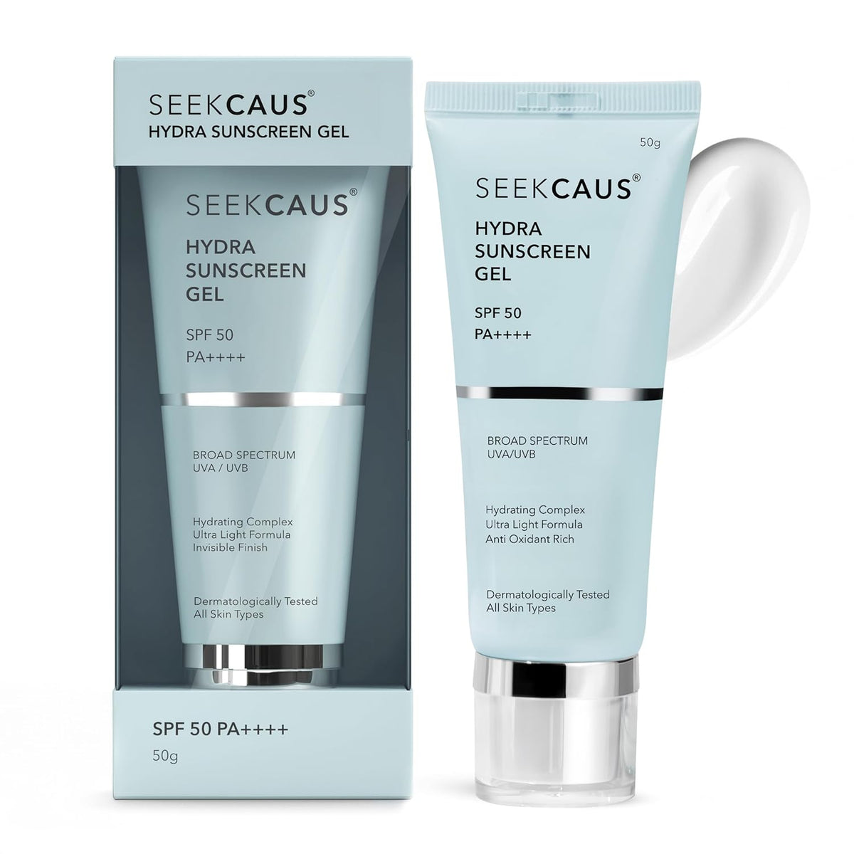 Seekcaus Hydra Sunscreen Gel SPF 50 PA++++ | Advanced Broad-Spectrum UVA/UVB & Blue Light Defense | Ultra-Light, Non-Greasy & No White Cast | 50g