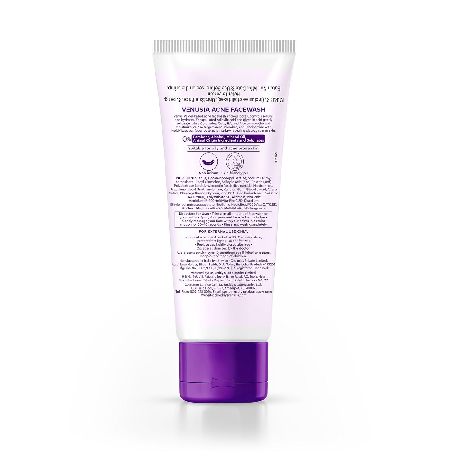 Venusia Acne Facewash | Sebum Control & Hydrating Formula | Clears Acne-marks | Enriched with encapsulated Salicylic Acid, Glycolic Acid, Ceramide - Oat - HA Complex | Oily & Acne-Prone Skin | 75g ( Pack of 2 )