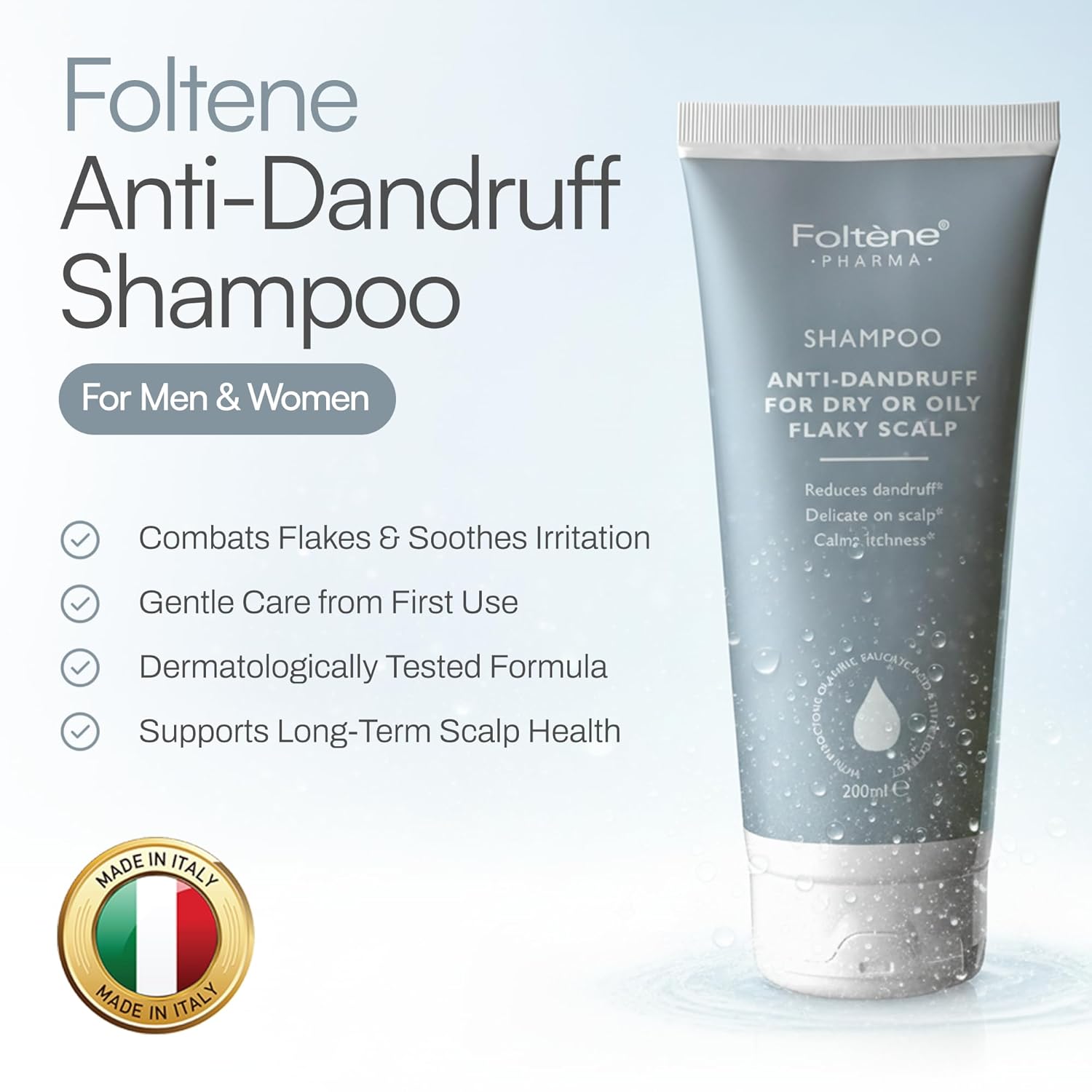 Foltene Anti Dandruff Shampoo for Men & Women – Dry Scalp Shampoo 200 ml for Itchy & Oily Scalp – Dandruff Treatment with Piroctone Olamine & Salicylic Acid