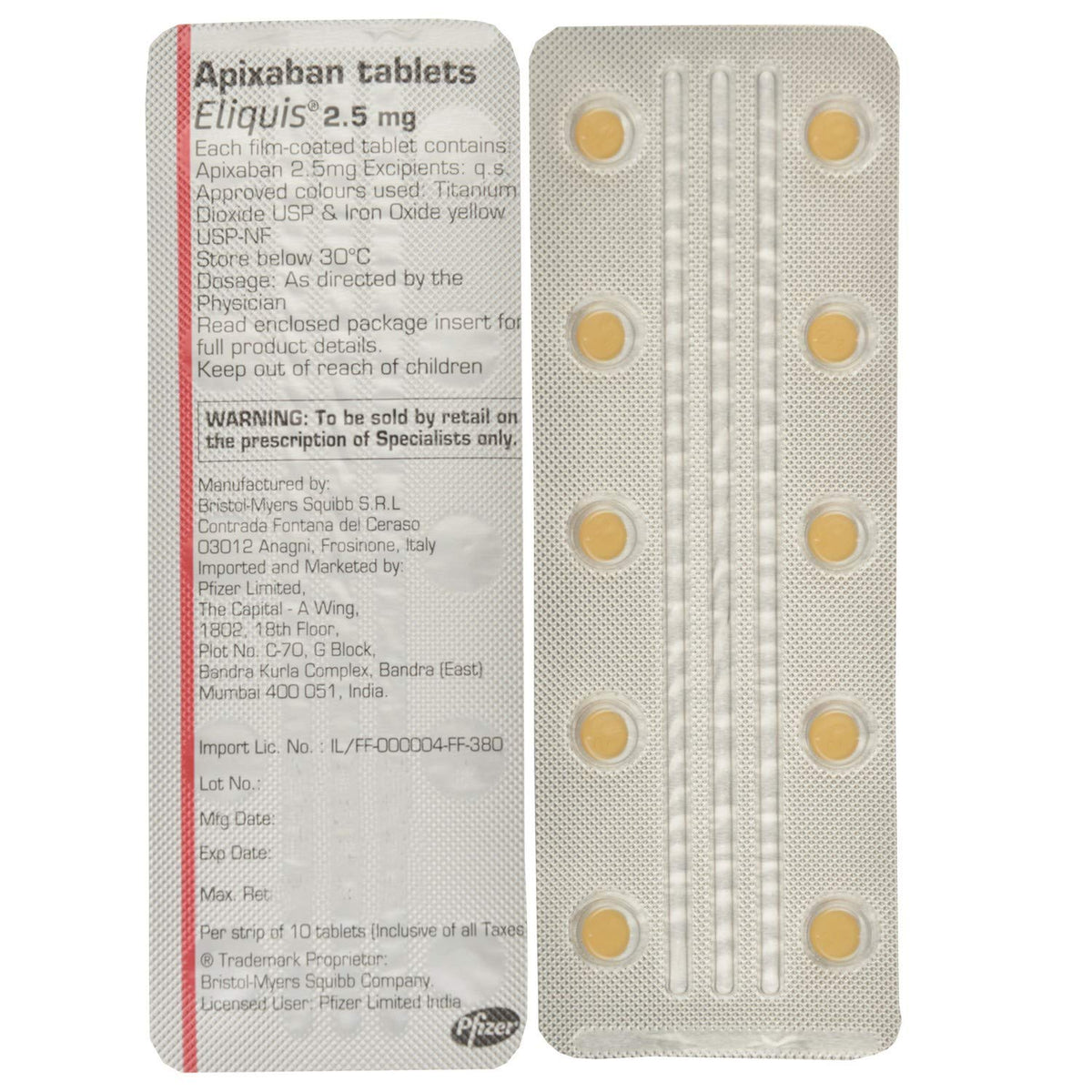 Eliquis 2.5 mg - Strip of 30 Tablets