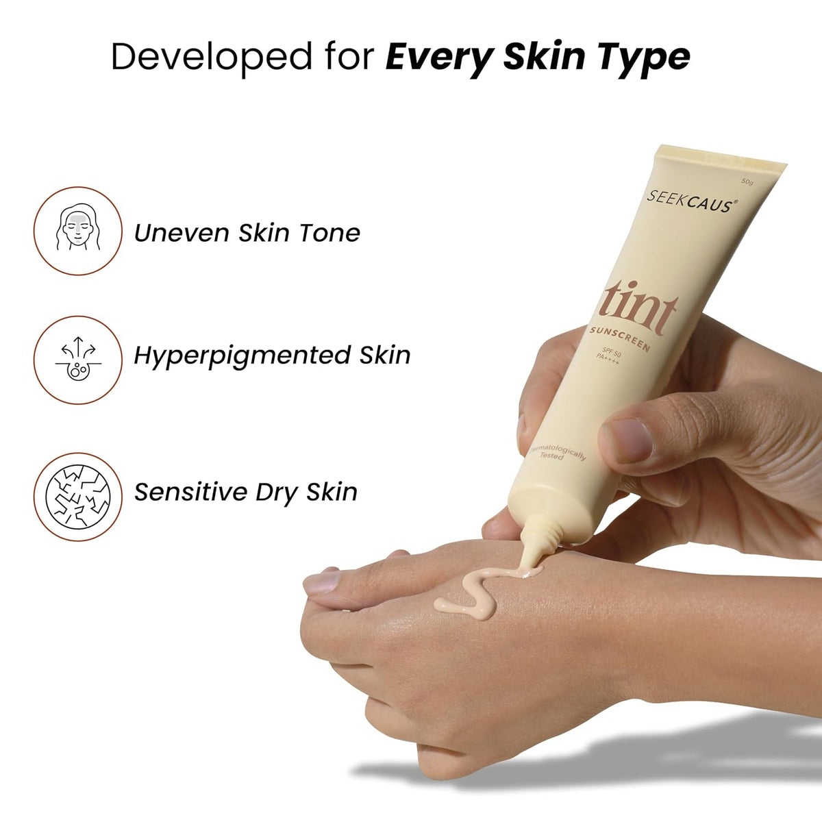 Seekcaus SPF 50 PA++++ Tinted Crème Sunscreen For Men & Women, Broad Spectrum, Protect From UVA, UVB & Blue Light Damage, Non Sticky, Non Greasy, 50g