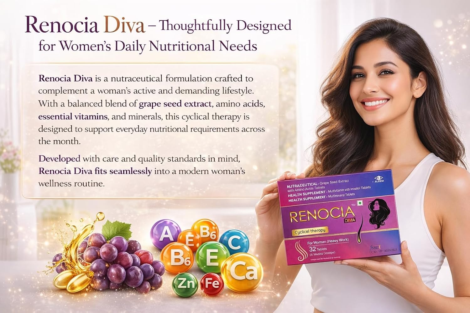 Renocia Diva Cyclical Therapy Tablets for Women | Nutraceutical with Grape Seed Extract, Amino Acids, Multivitamins & Multimineral | 32 Tablets (4 Weeks Supply) - Skiynse Dermatologique